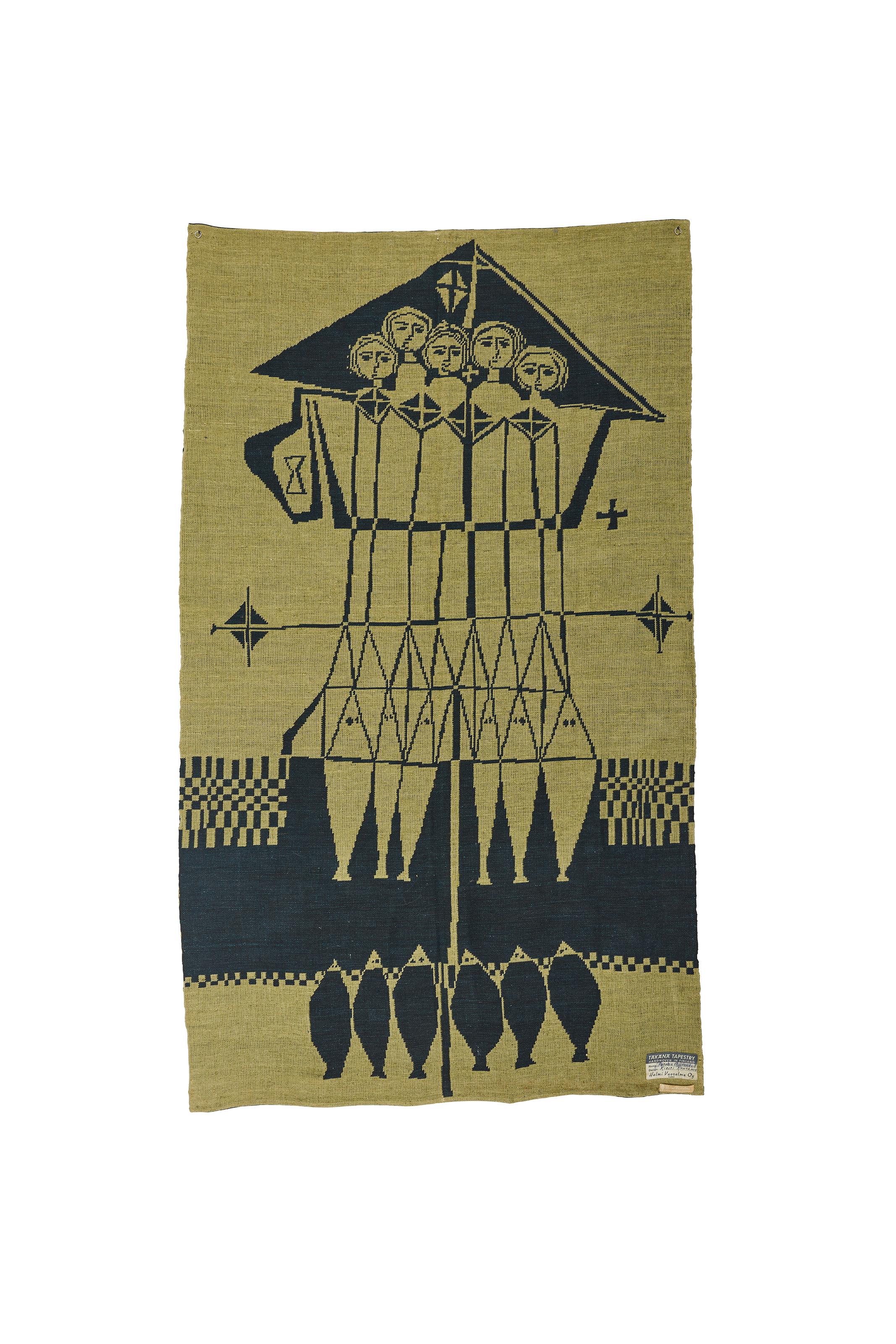Auffälliger doppelseitiger Wandteppich aus der Mitte des Jahrhunderts, entworfen von der berühmten finnischen Textilkünstlerin Kirsti Rantanen für Helmi Vuorelma Oy, ca. 1960er Jahre. Dieser handgewebte Täkänä-Wandteppich zeigt eine kühne und