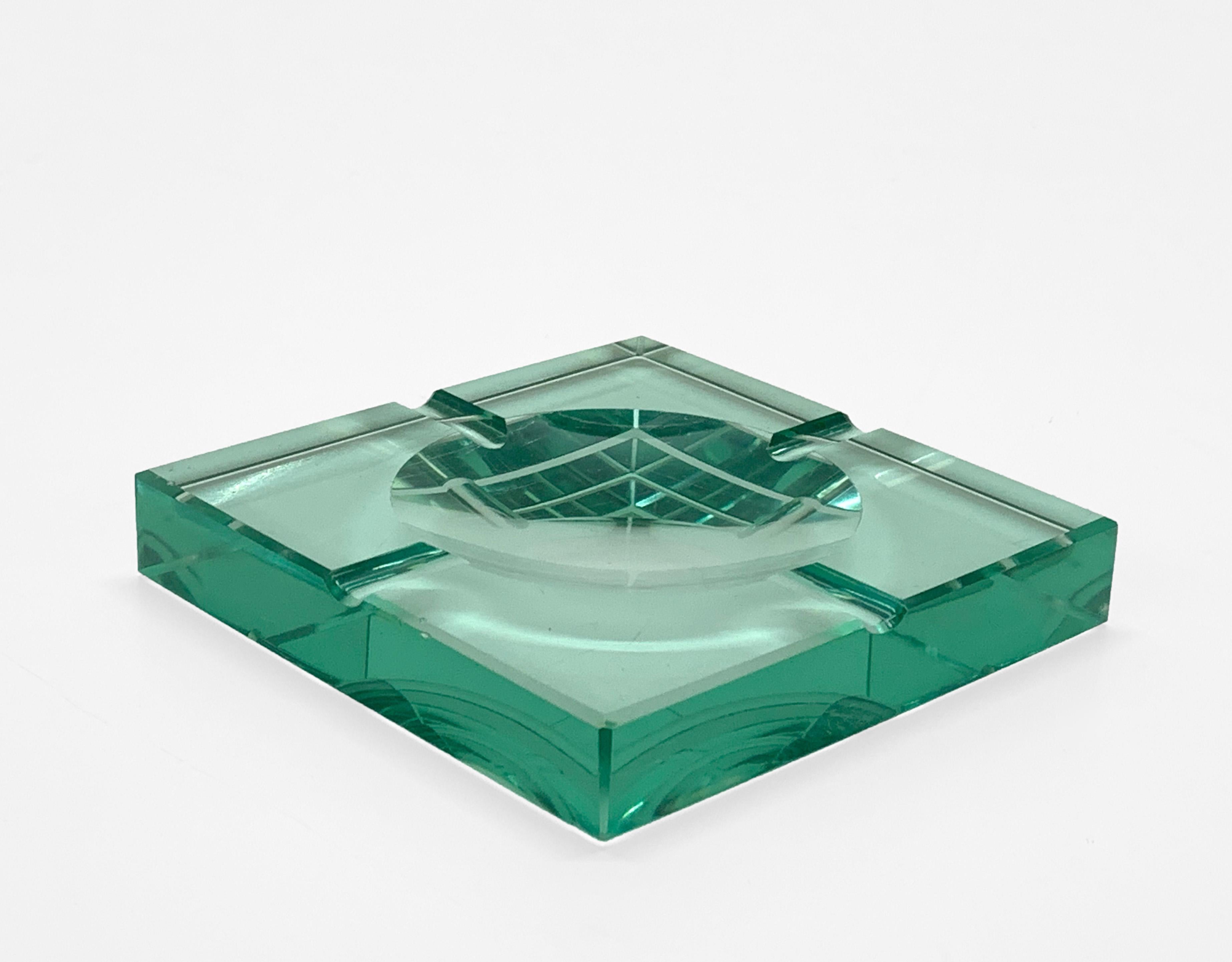 Mid-Century Modern Fontana Arte Green Crystal Glass Squared Italian Ashtray In Good Condition In Roma, IT
