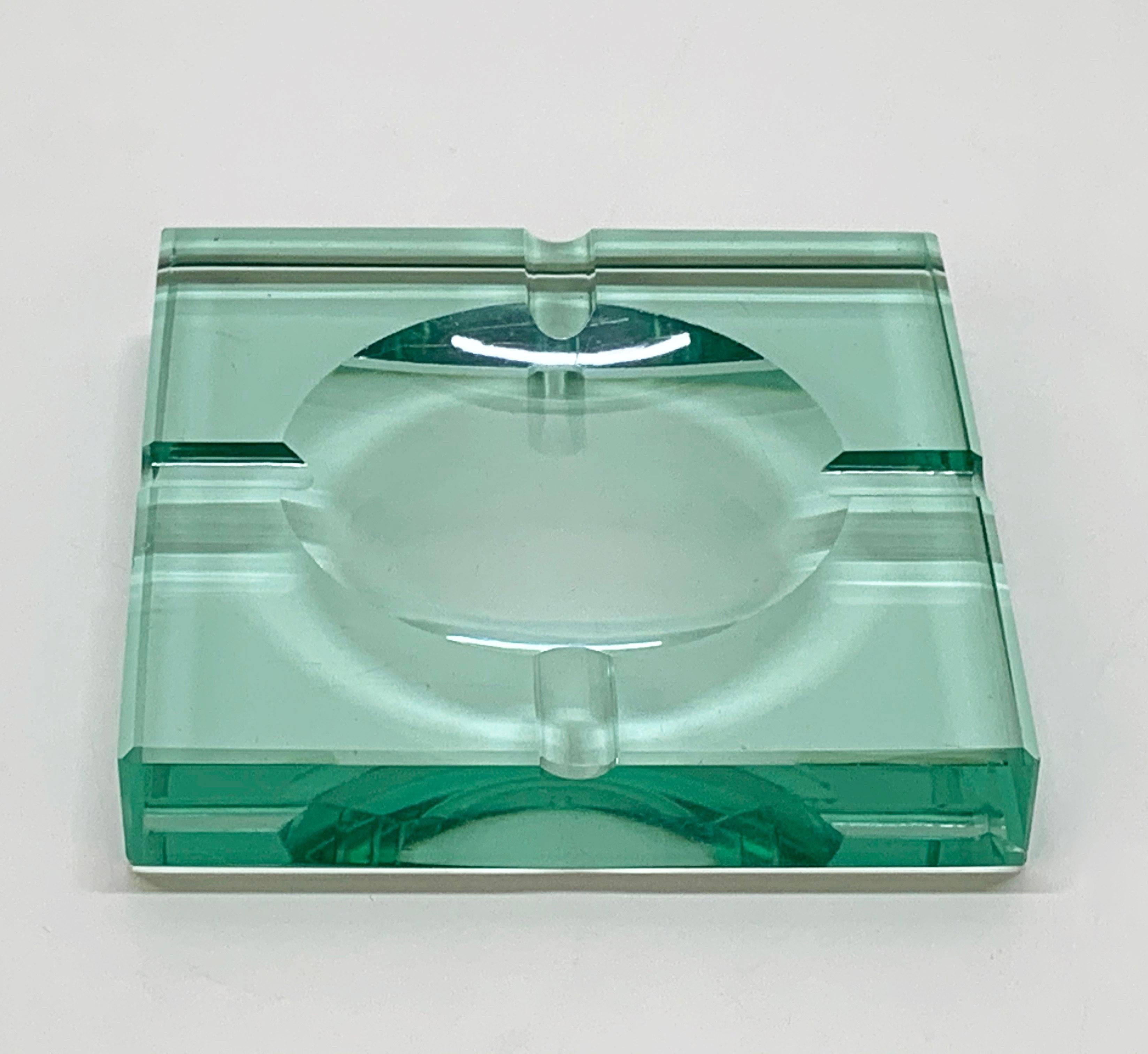 Mid-Century Modern Fontana Arte Green Crystal Glass Squared Italian Ashtray 1