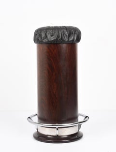 Mid-Century Modern French Wood, Chromed Metal and Black Leather Bar Stool, 1930s