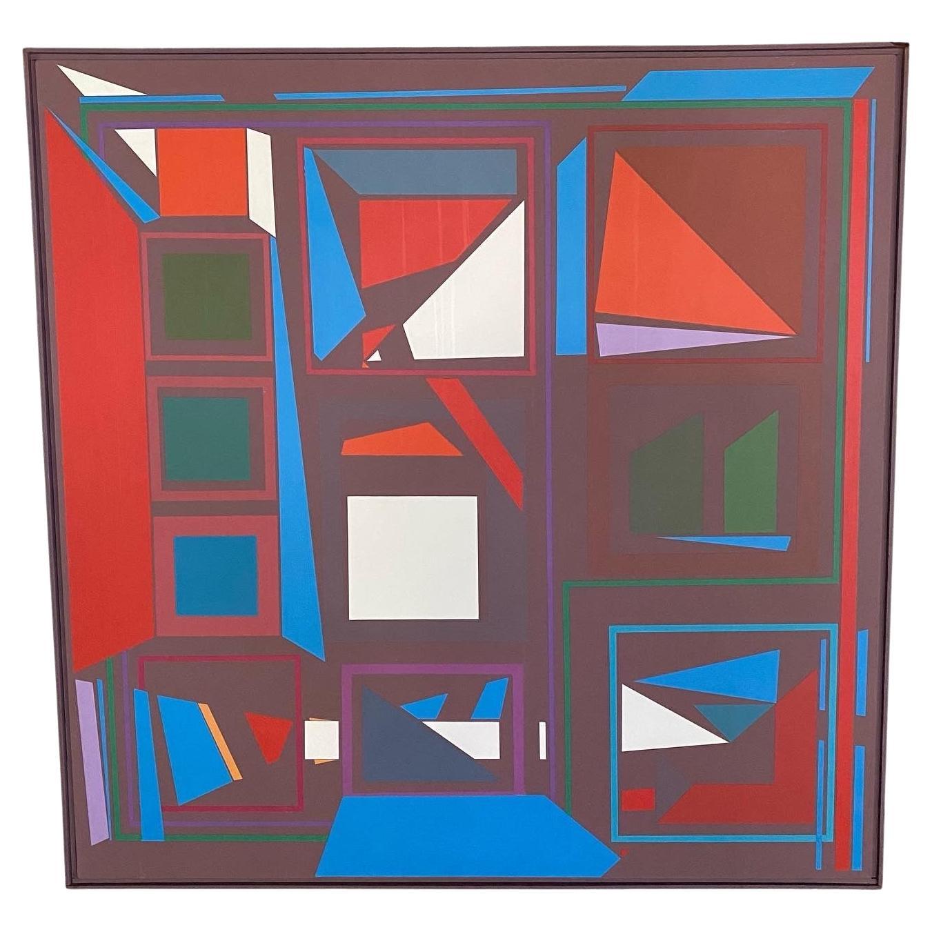 Midcentury Modern Geometric Abstract Oil on Canvas Painting by Gerald Takacs