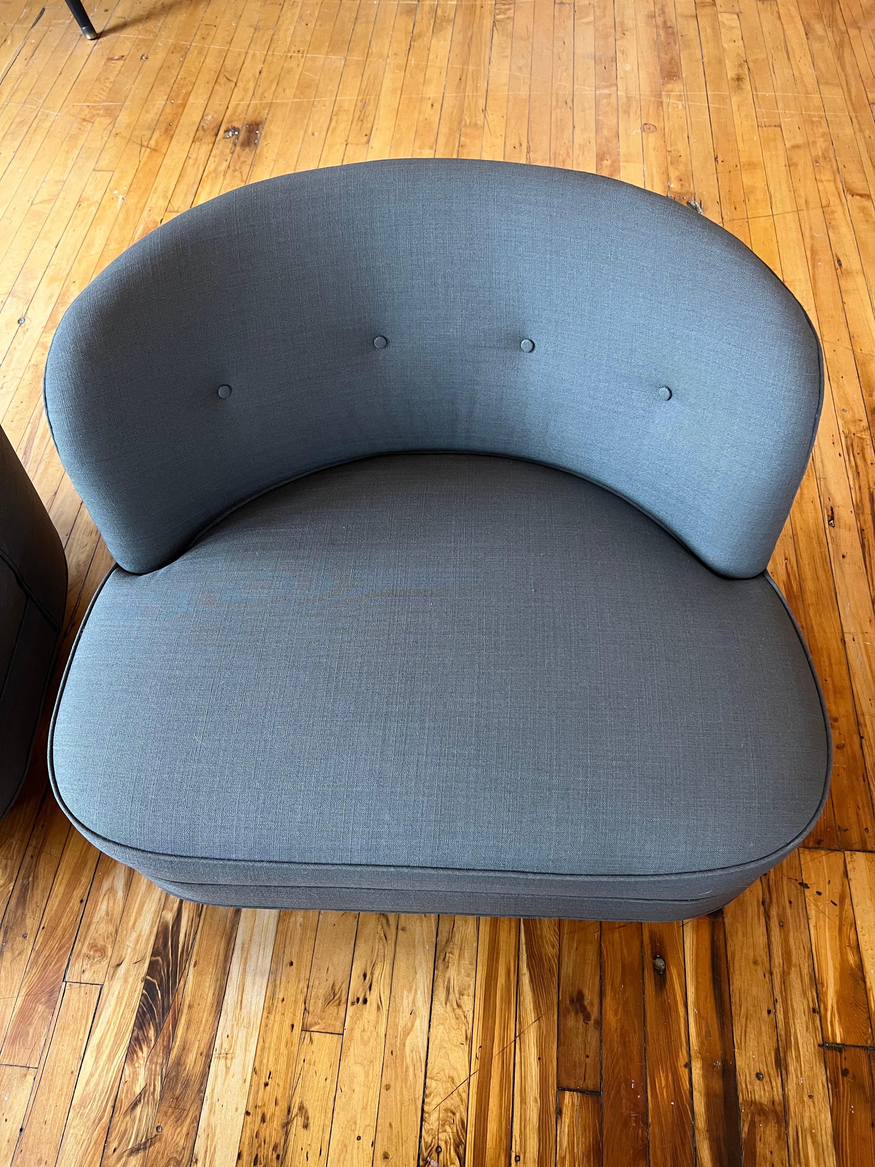 20th Century Gilbert Rhode Midcentury Modern Grey Slipper Low Low Lounge Chairs Pair For Sale