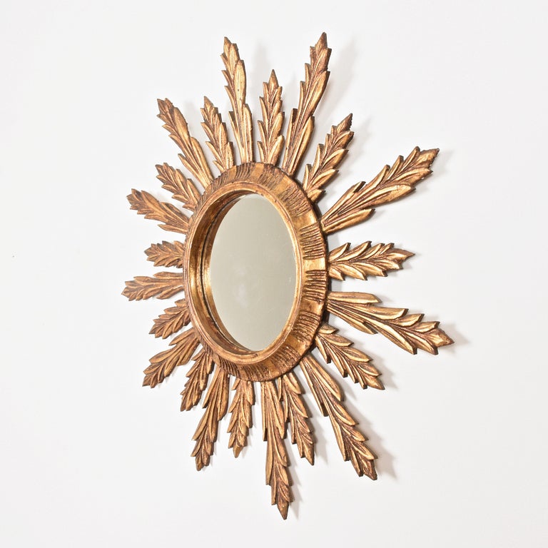 Mid-Century Modern Gilded Wood French Sunburst Wall Mirror, 1950s For Sale 1
