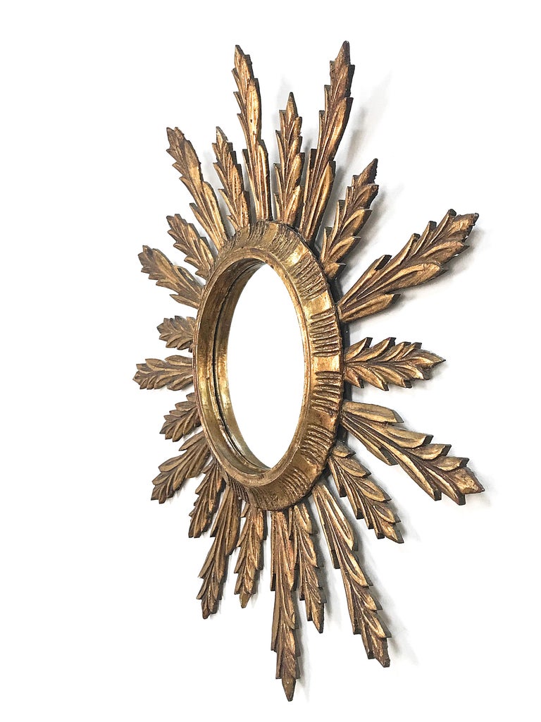 Mid-Century Modern Gilded Wood French Sunburst Wall Mirror, 1950s For Sale 3