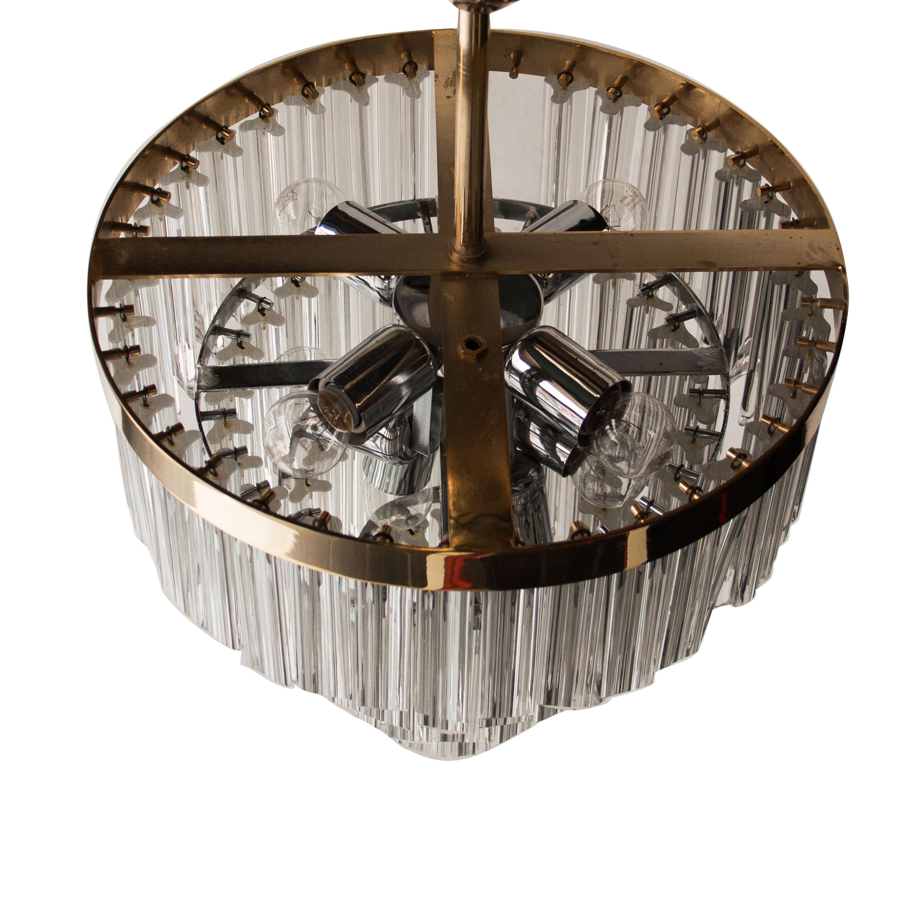 Italian Mid-Century Modern Glass and Brass Chandelier Lamp, Italy, 1970 For Sale