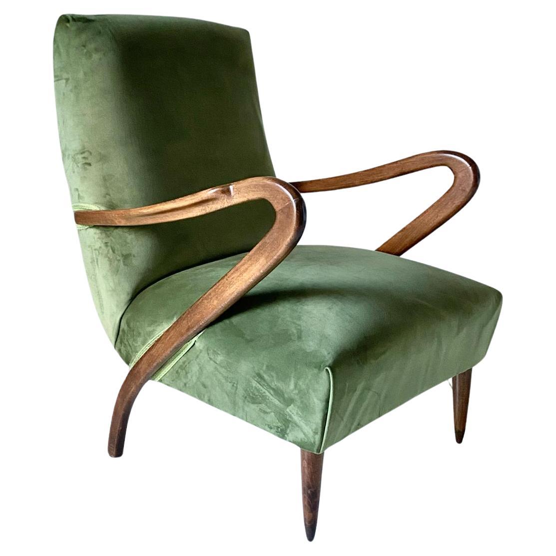 Midcentury modern Green Velvet Armchair, Guglielmo Ulrich, Italy 1950 's