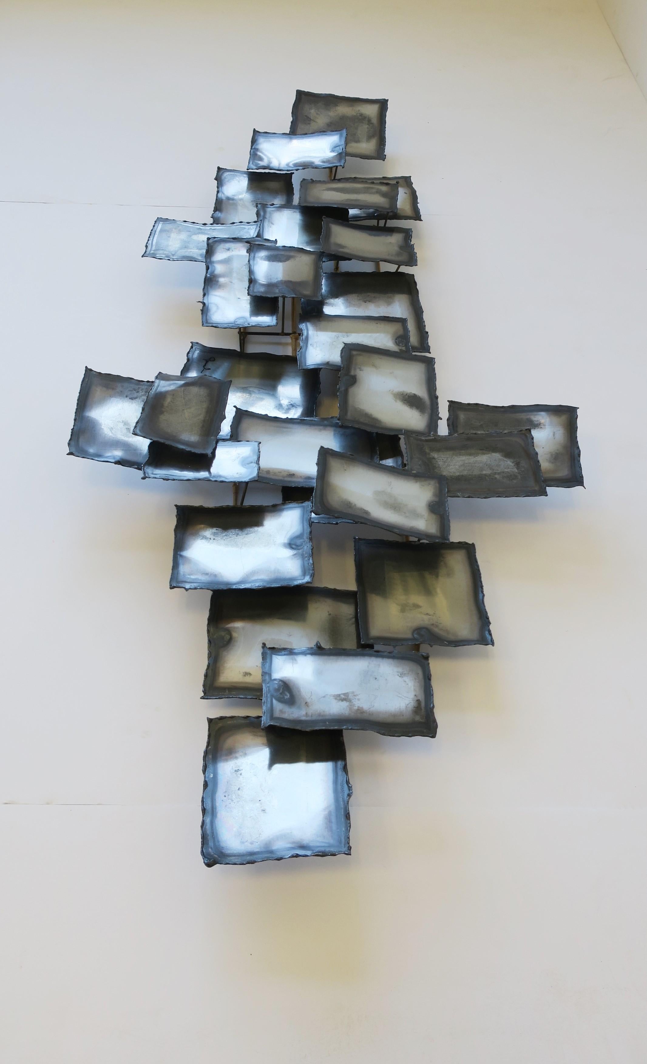 Midcentury Modern Grey Silver Metal Wall Sculpture After C Jere, Signed In Good Condition In New York, NY