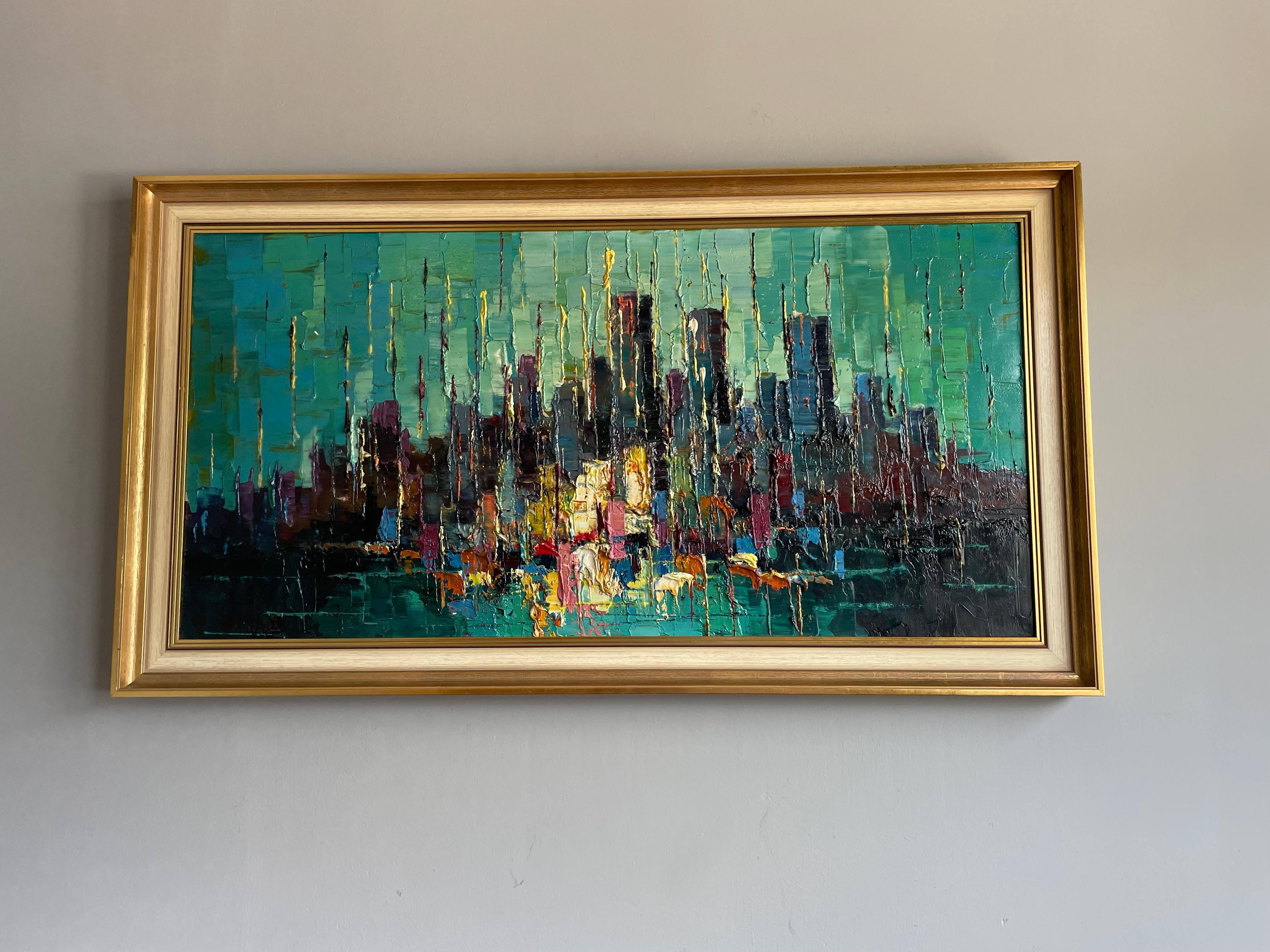 Midcentury Modern Hand Painted Abstract Oil on Canvas Painting American Skyline For Sale 7