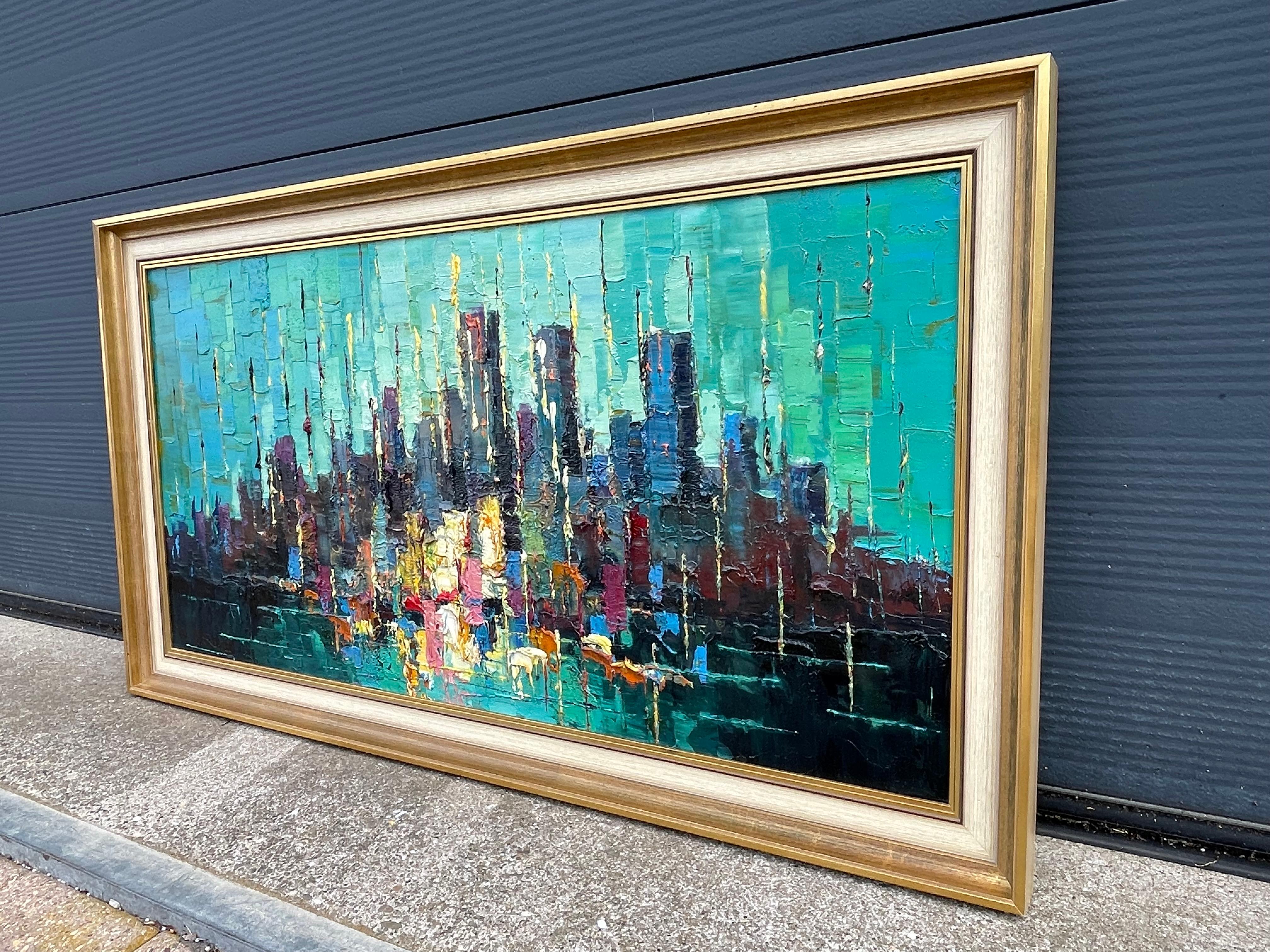 Mid-Century moderno Olio astratto su tela dipinto a mano in stile Midcentury Modern, Skyline Americano