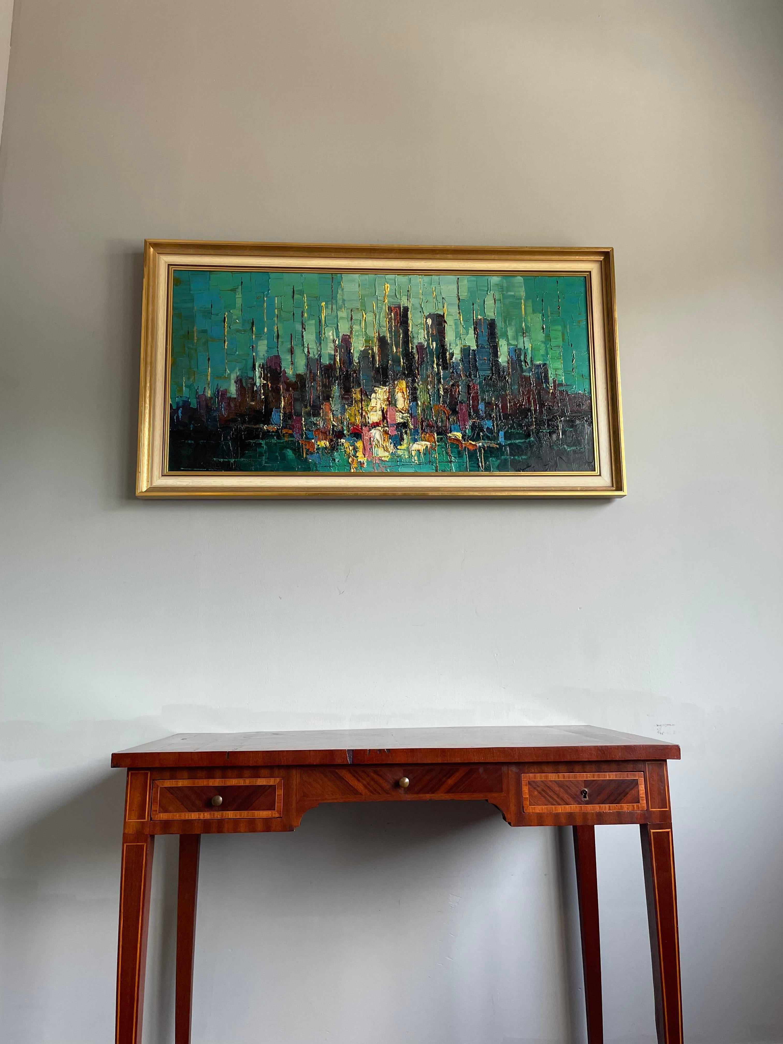 Hand-Crafted Midcentury Modern Hand Painted Abstract Oil on Canvas Painting American Skyline For Sale