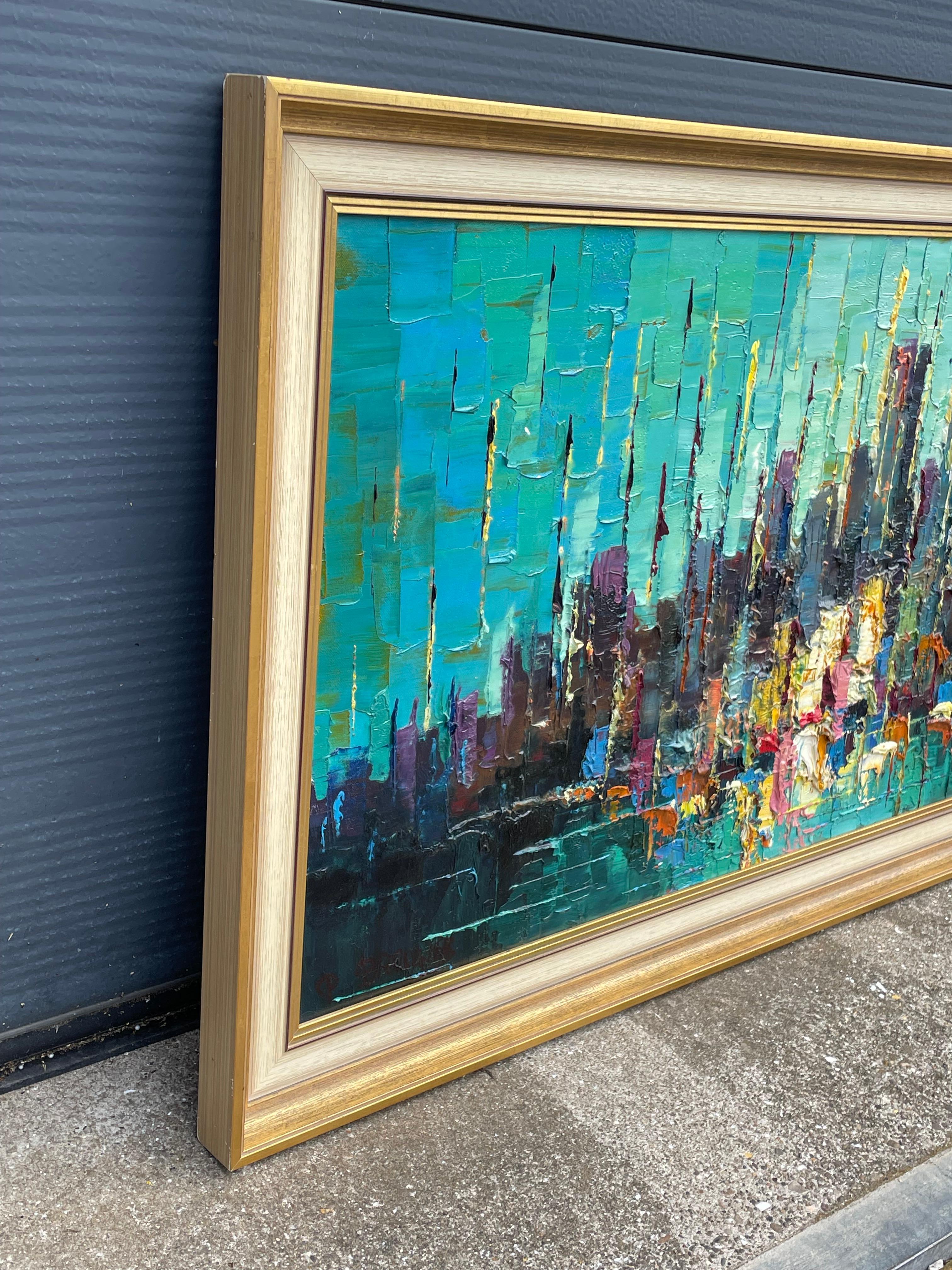 Midcentury Modern Hand Painted Abstract Oil on Canvas Painting American Skyline In Excellent Condition For Sale In Lisse, NL