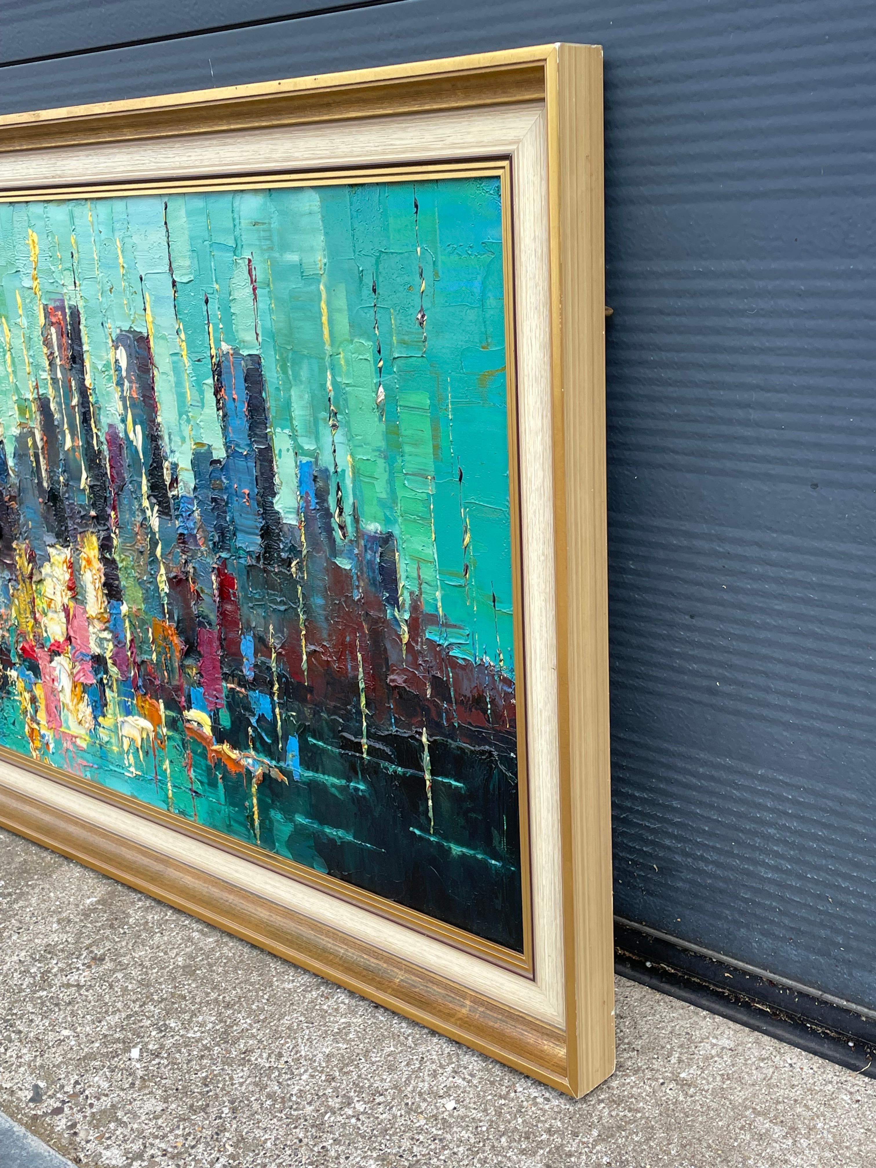 20th Century Midcentury Modern Hand Painted Abstract Oil on Canvas Painting American Skyline For Sale