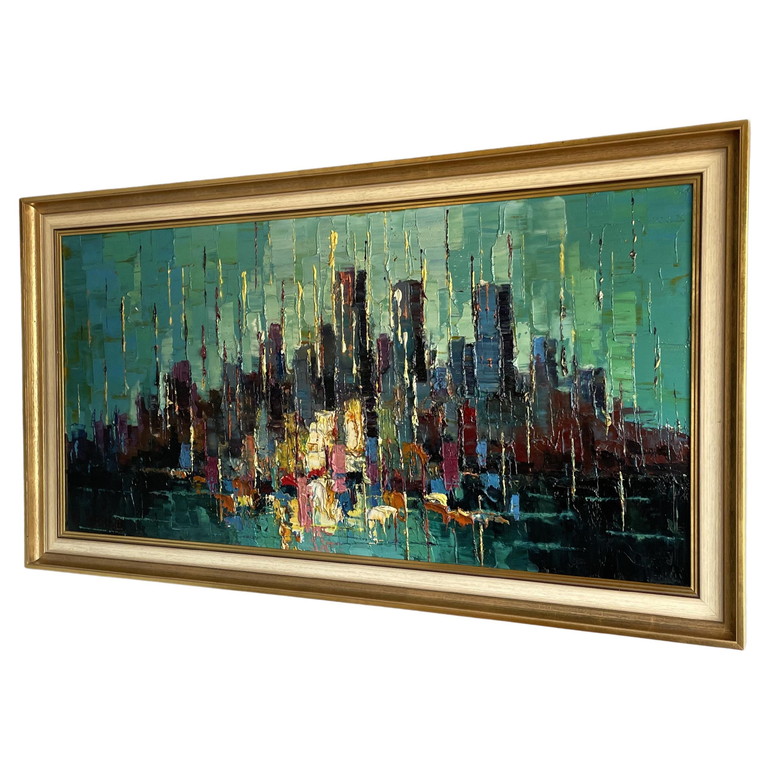 Midcentury Modern Hand Painted Abstract Oil on Canvas Painting American Skyline For Sale