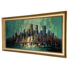 Vintage Midcentury Modern Hand Painted Abstract Oil on Canvas Painting American Skyline