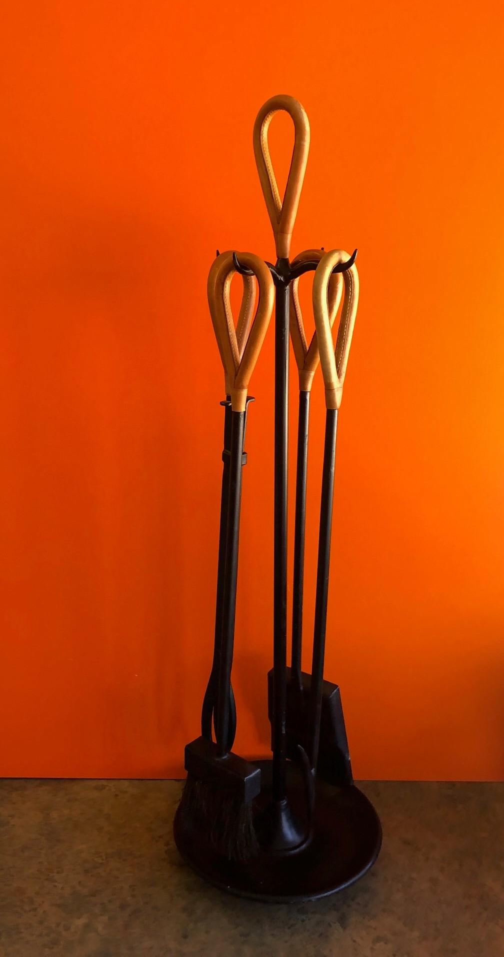 Midcentury Modern Iron/Leather Fireplace Tool Set in the Style of Jacques Adnet 2