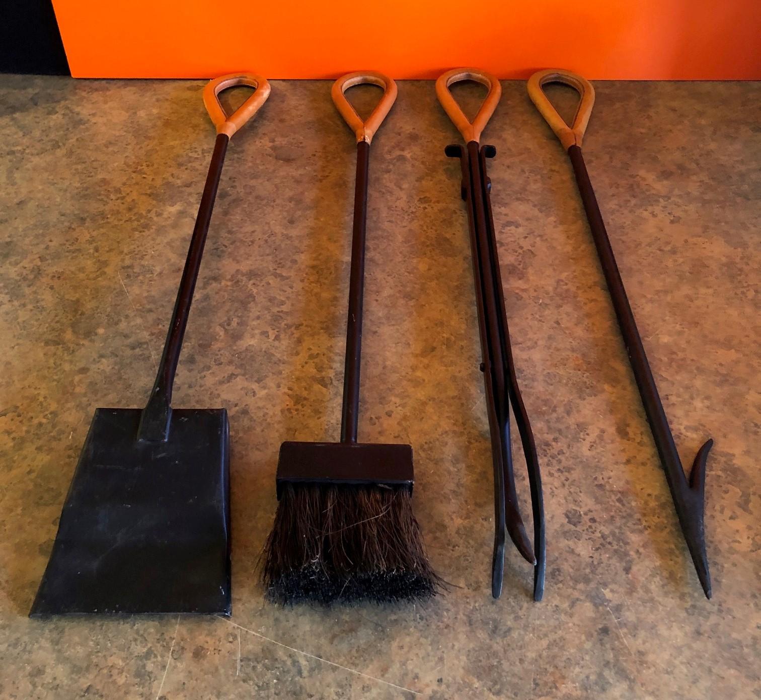 20th Century Midcentury Modern Iron/Leather Fireplace Tool Set in the Style of Jacques Adnet