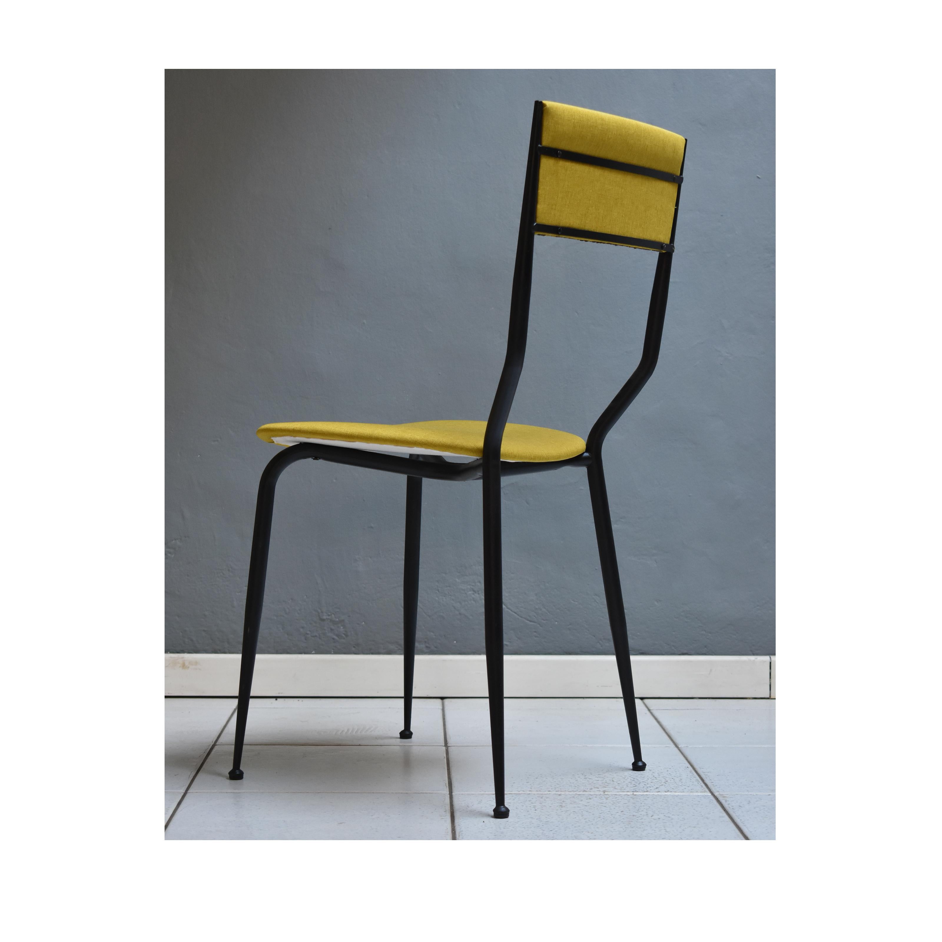 Mid-Century Modern Italian 6 Dining Chairs 1960 Black Iron Structure OcherFabric 6