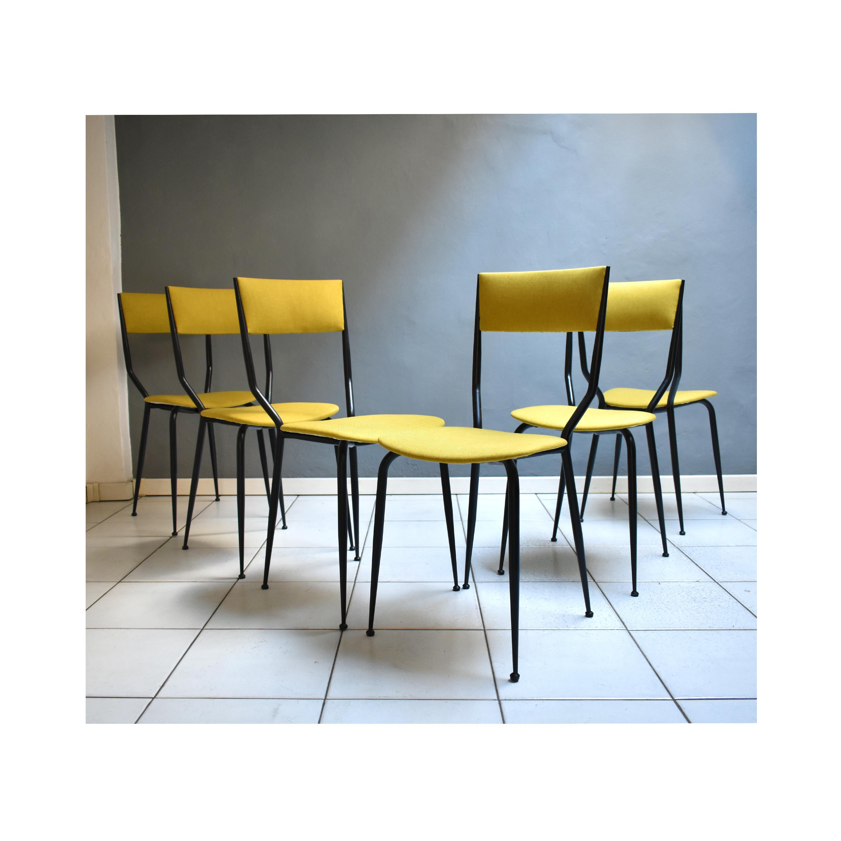 Mid-Century Modern Italian 6 Dining Chairs 1960 Black Iron Structure OcherFabric In Good Condition In Milan, IT
