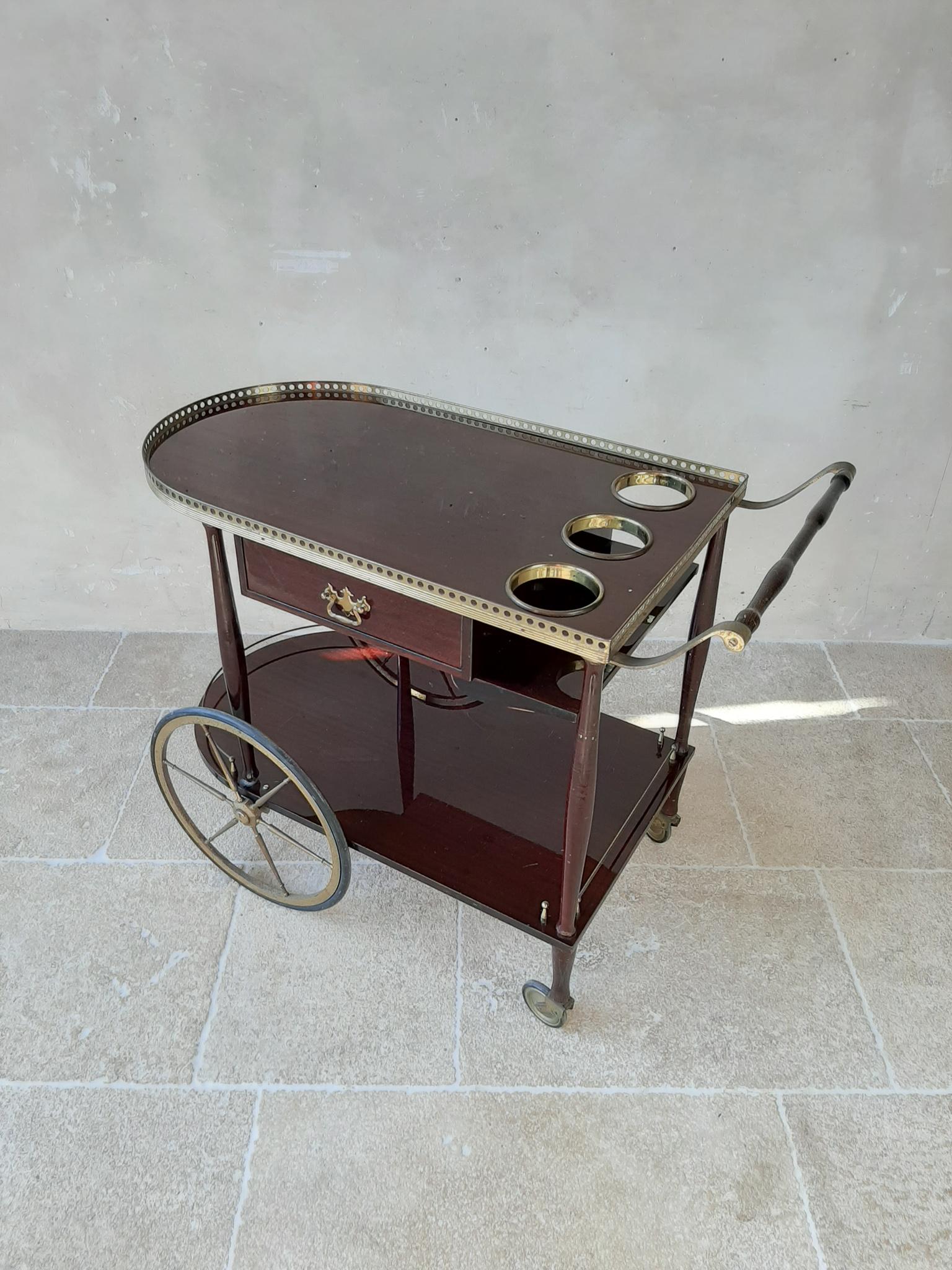 Mid-Century Modern Italian Bar Cart / Serving Trolley in Mahogany and Brass In Good Condition In Baambrugge, NL