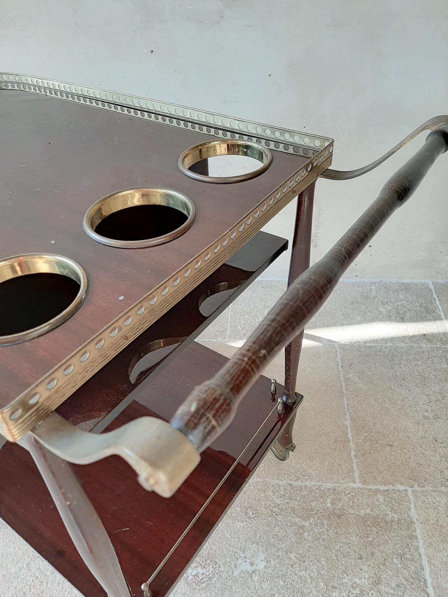 Mid-Century Modern Italian Bar Cart / Serving Trolley in Mahogany and Brass 3