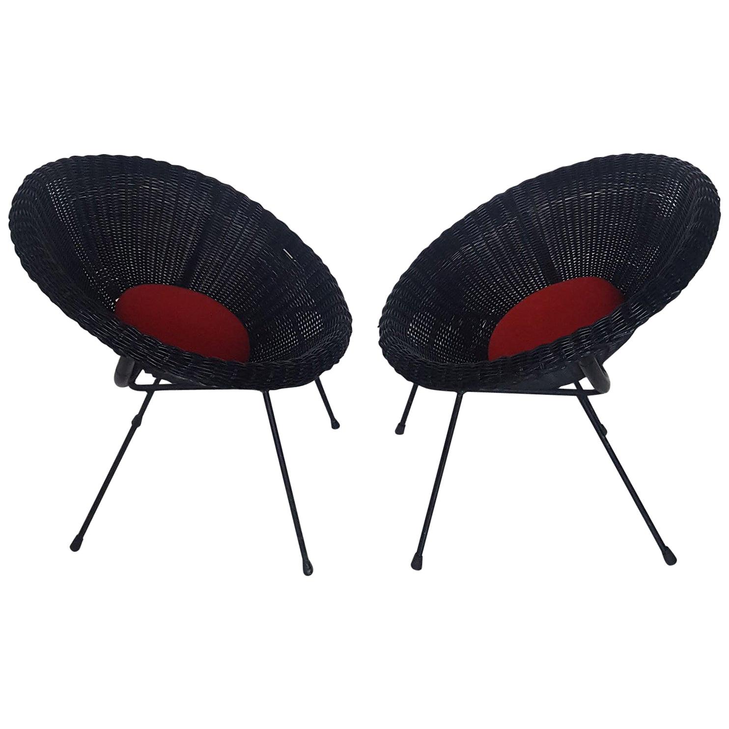 Mid-Century Modern Italian Black Wicker Round Armchairs, Made in Milano, 1950s For Sale