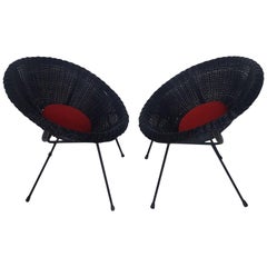 Mid-Century Modern Italian Black Wicker Round Armchairs, Made in Milano, 1950s