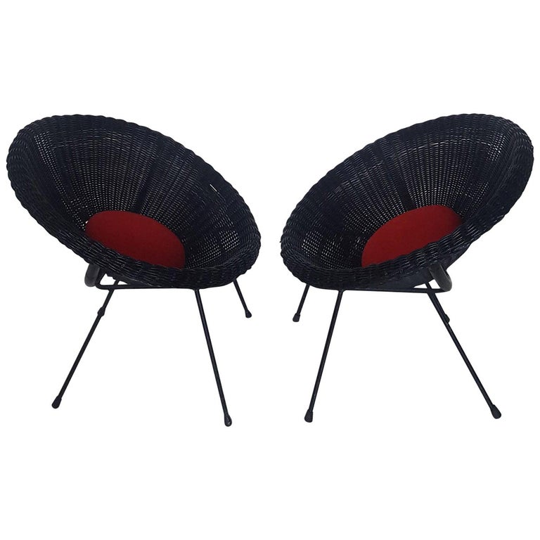 MidCentury Modern Italian Black Wicker Round Armchairs, Made in Milano