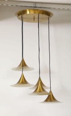 Midcentury Modern Italian Brass Flushmount Light with Five Pendant Drops