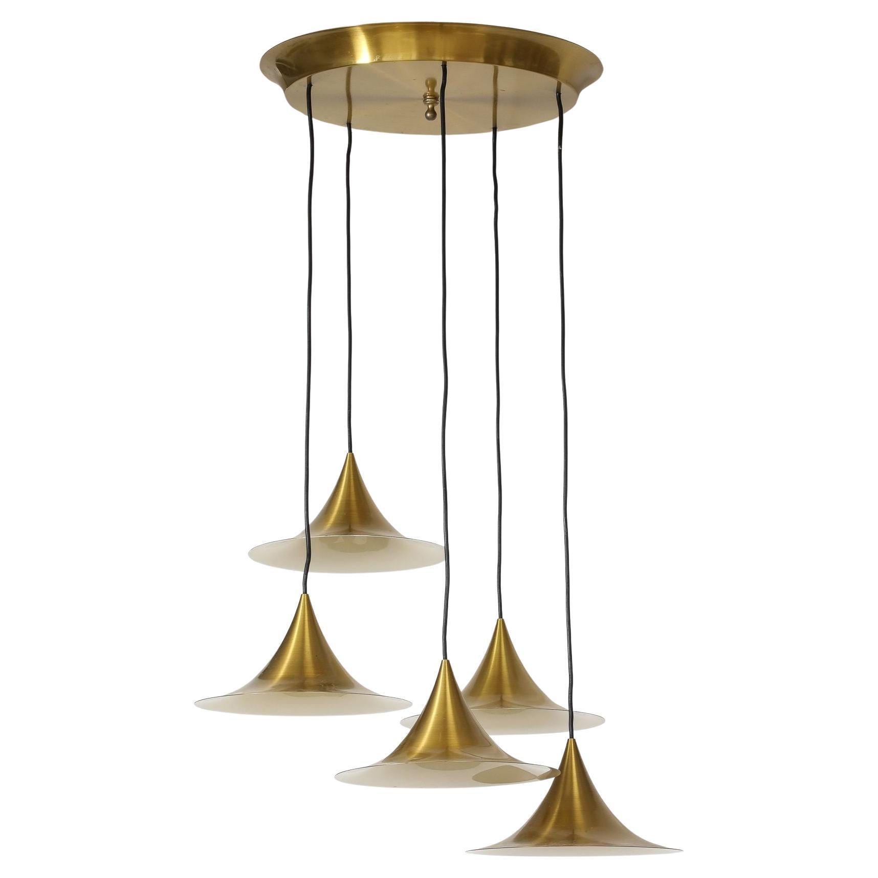 Midcentury Modern Italian Brass Flushmount Light with Five Pendant Drops