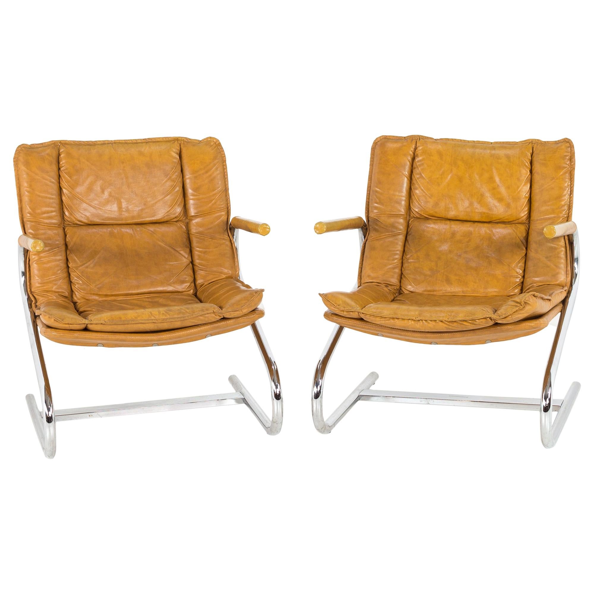 Mid-Century Modern Italian Chrome Z-Lounge Chairs, Pair