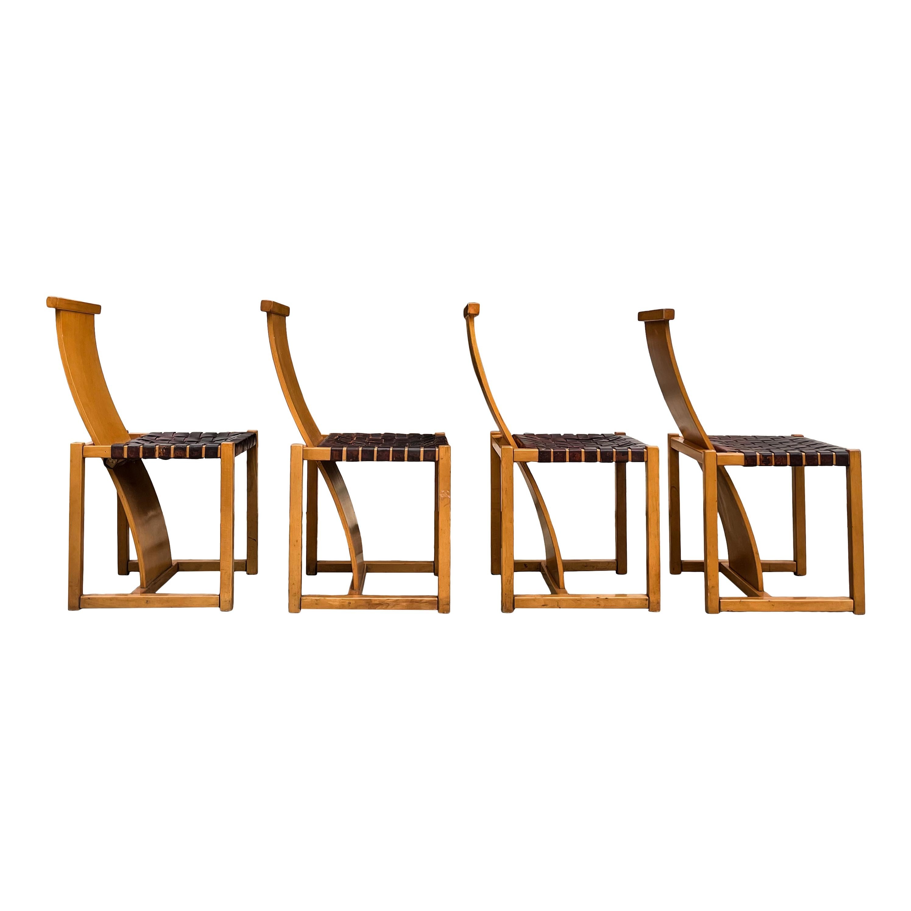 Midcentury Modern Italian Design Beech & Leather Dining Chairs, 1970s, Set of 4 For Sale 1