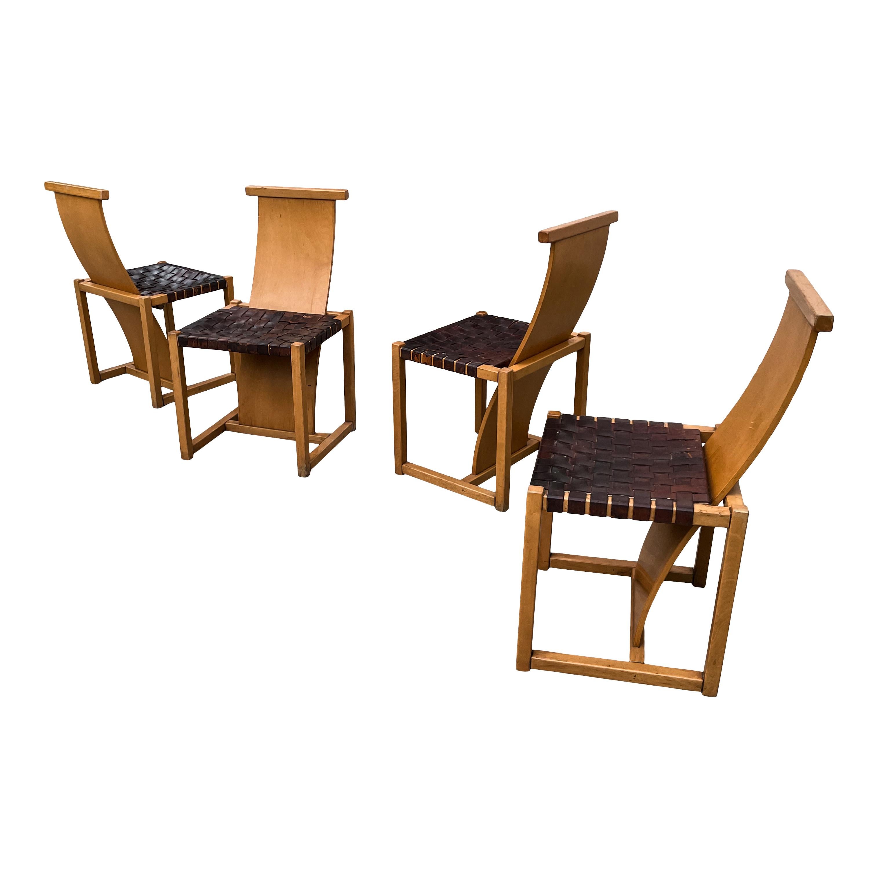 Midcentury Modern Italian Design Beech & Leather Dining Chairs, 1970s, Set of 4 For Sale 2