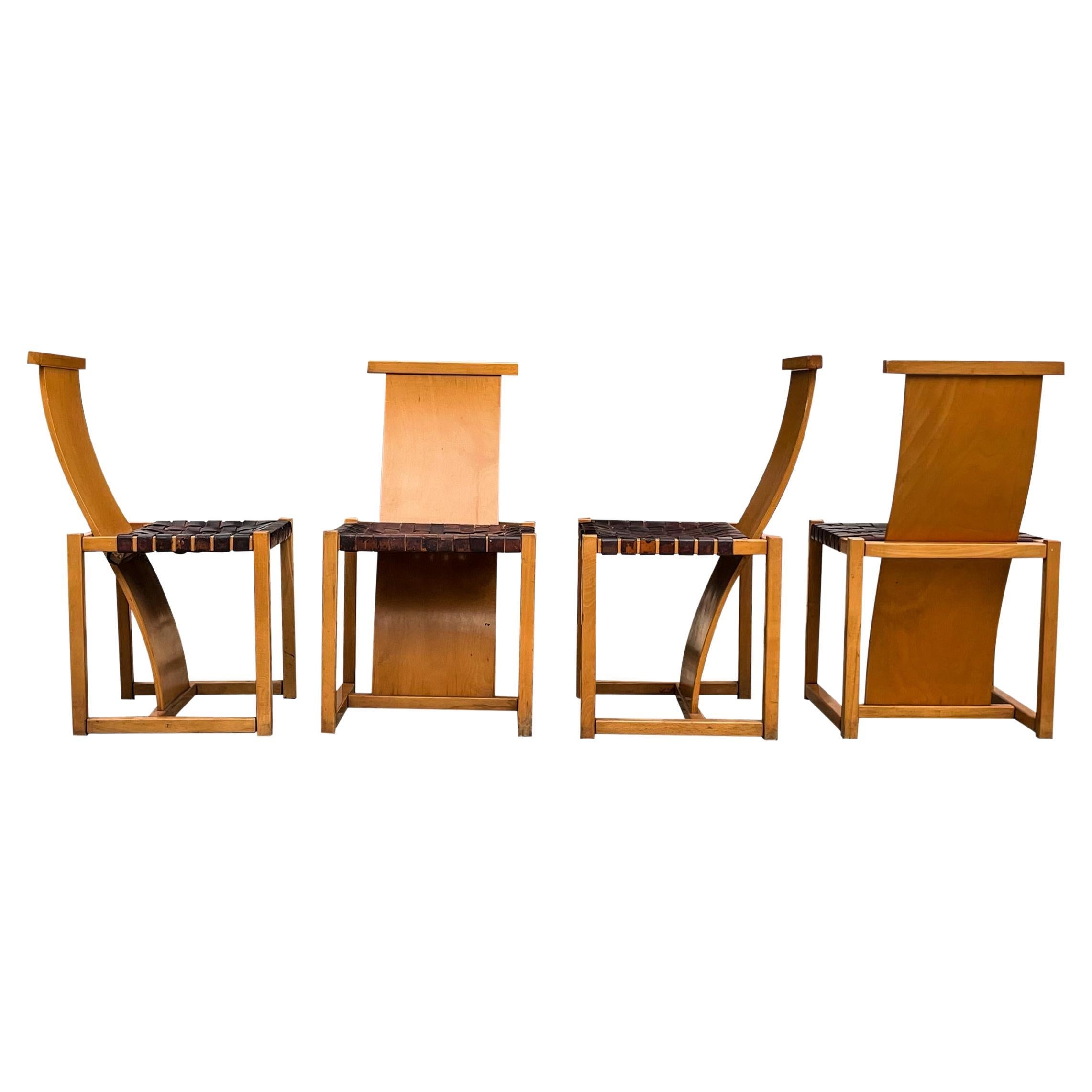 Midcentury Modern Italian Design Beech & Leather Dining Chairs, 1970s, Set of 4 For Sale