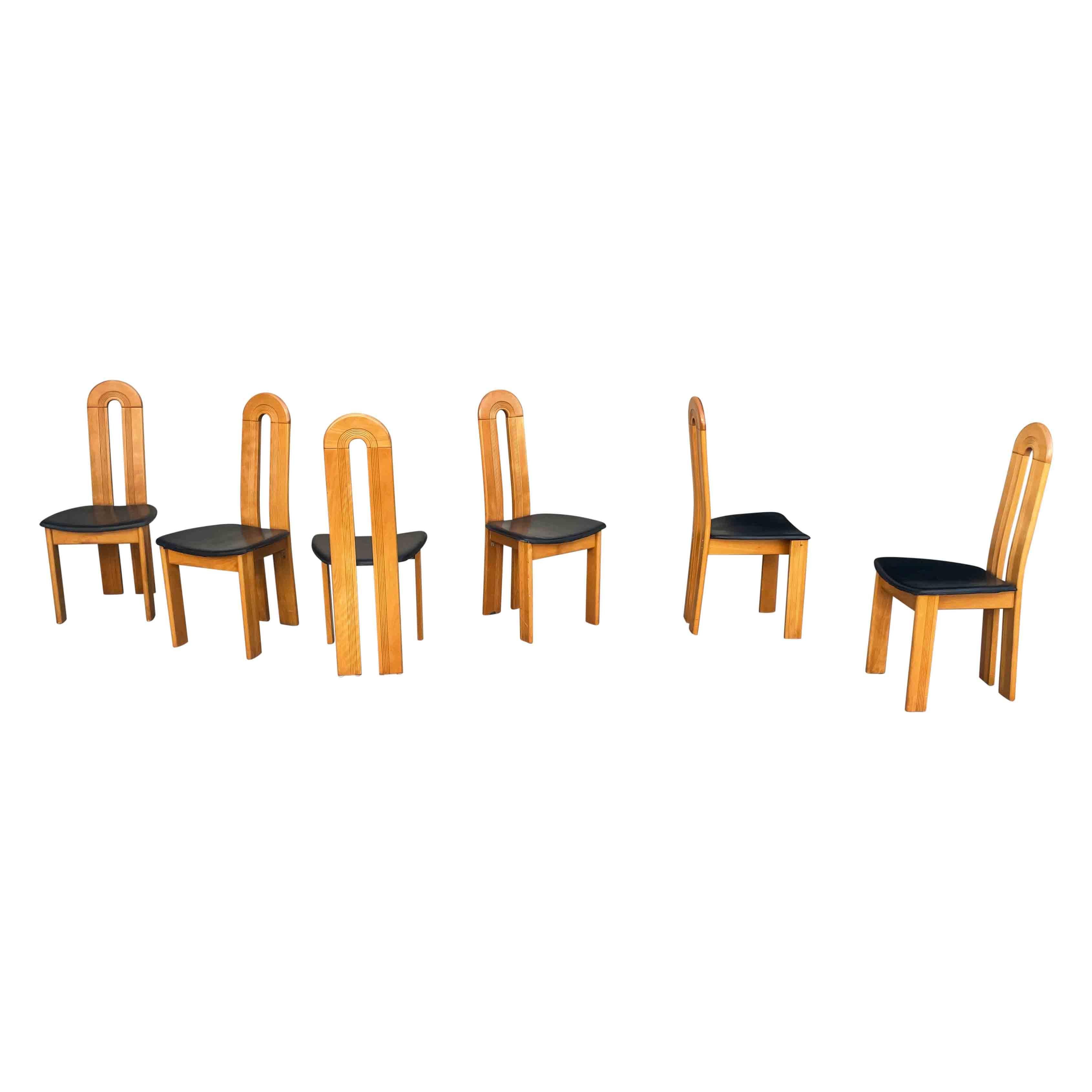 Mid-Century Modern Midcentury Modern Italian Design Beech & Leather Dining Chairs, 1980s, Set of 6