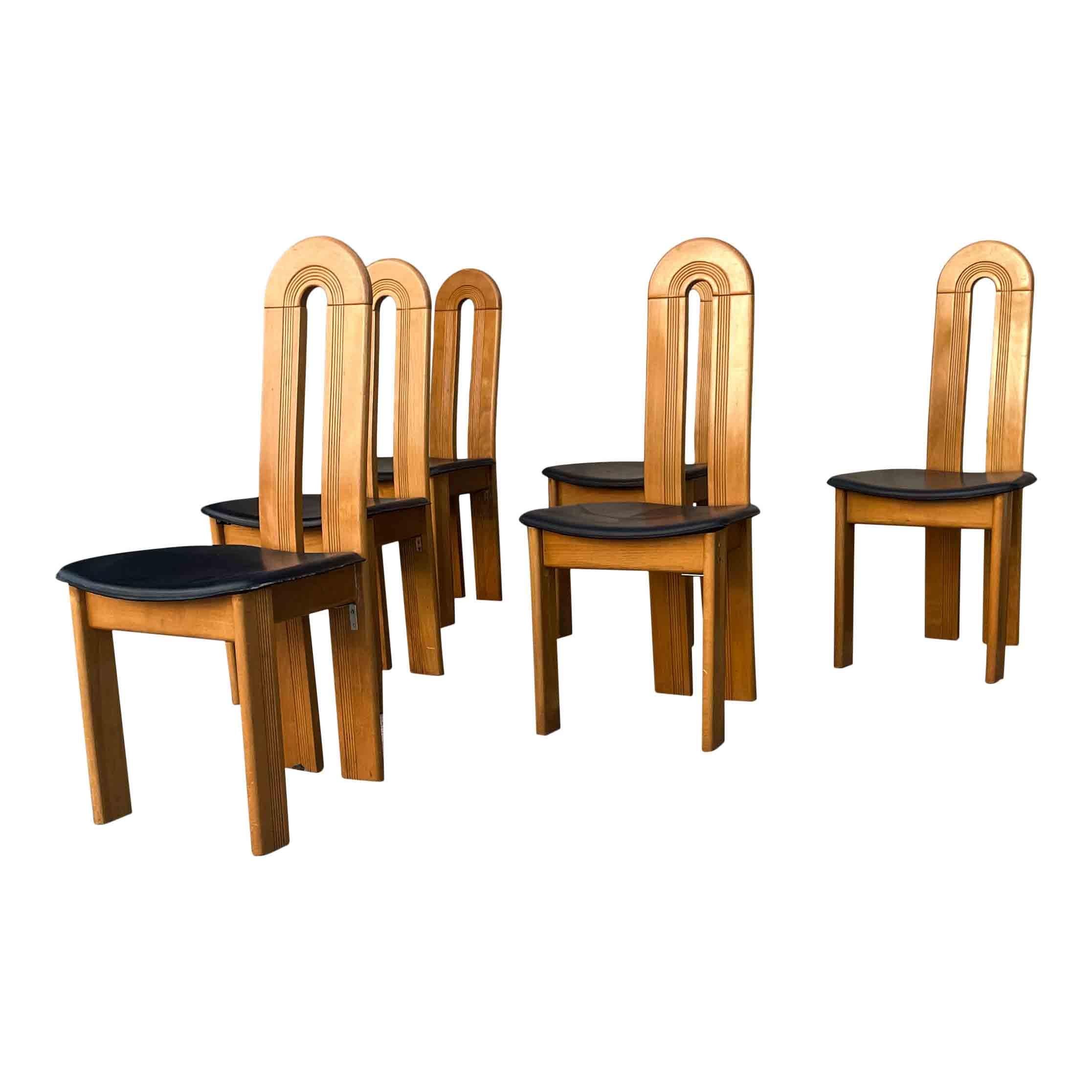 Midcentury Modern Italian Design Beech & Leather Dining Chairs, 1980s, Set of 6 In Good Condition In Vicenza, IT