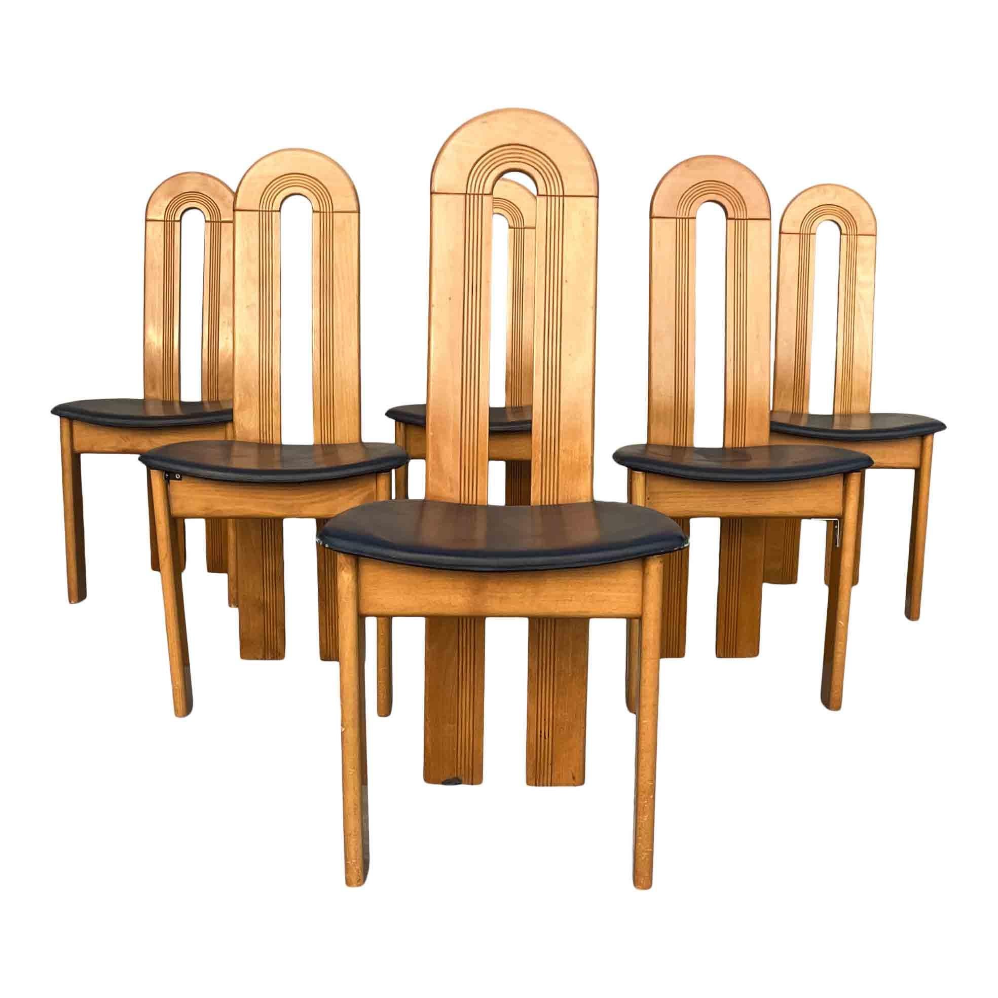 Late 20th Century Midcentury Modern Italian Design Beech & Leather Dining Chairs, 1980s, Set of 6