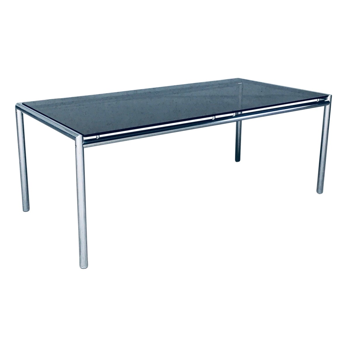 Mesa de comedor de cromo tubular y cristal ahumado de diseño italiano moderno de mediados de siglo, años 70