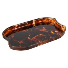 Vintage Midcentury Modern Italian Lucite Tortoiseshell Effect Oval Serving Tray, 1970s