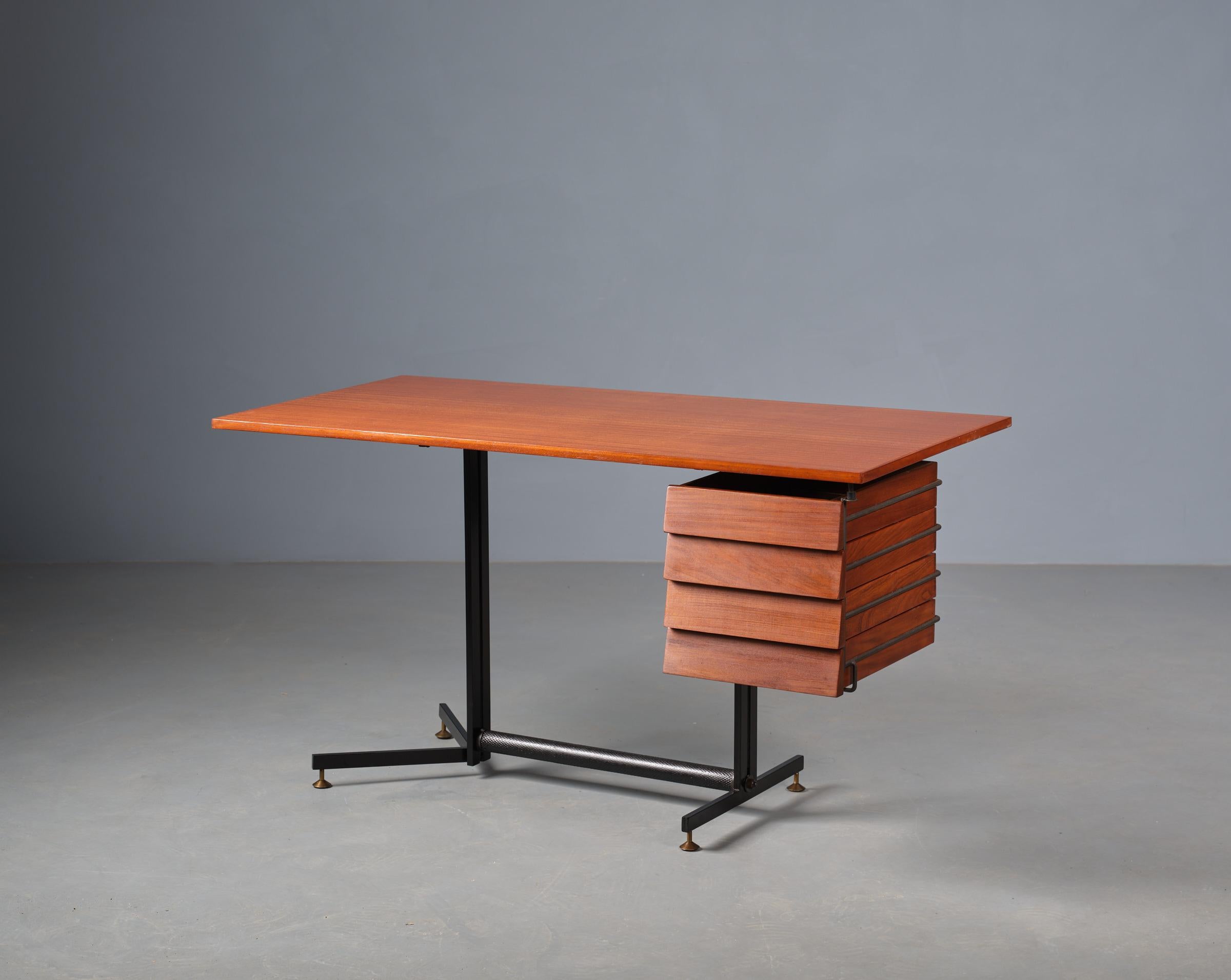 Brass Midcentury Modern Italian Teak Desk: Expertly Restored to Original Beauty  For Sale