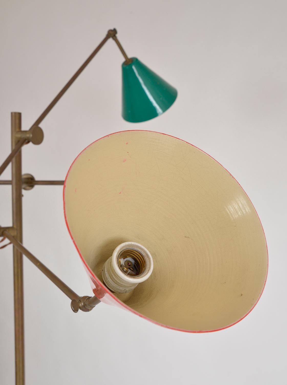 Midcentury Modern Italian Three-Arm Articulated Standard Floor Lamp Brass Enamel 12