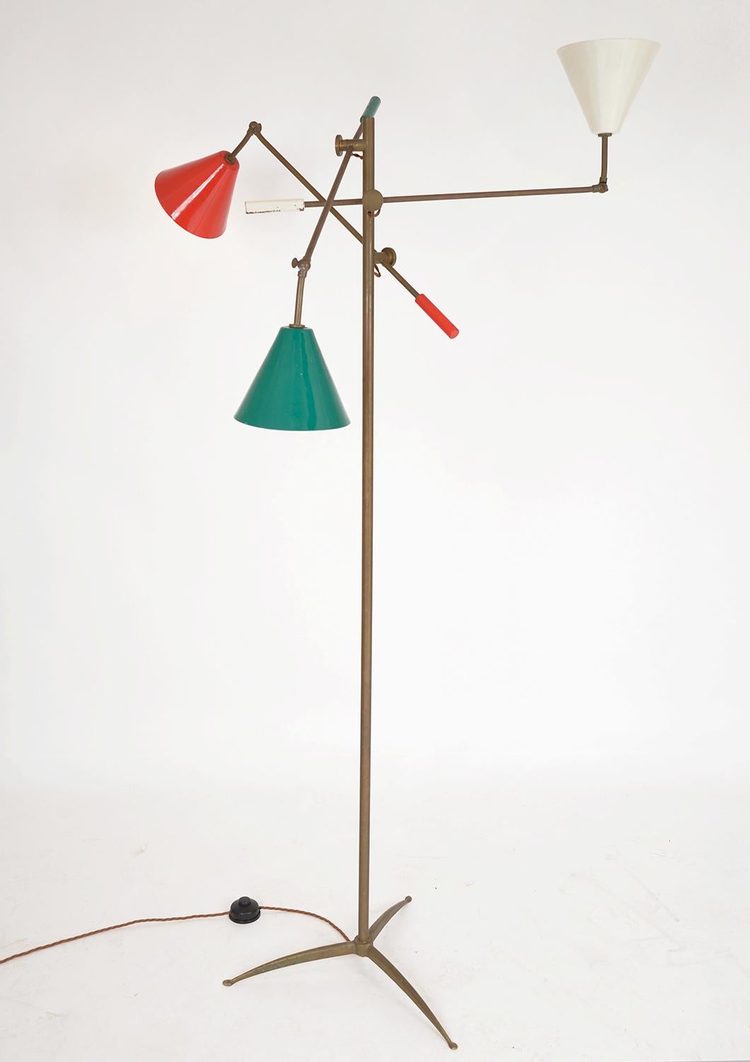 Mid-20th Century Midcentury Modern Italian Three-Arm Articulated Standard Floor Lamp Brass Enamel