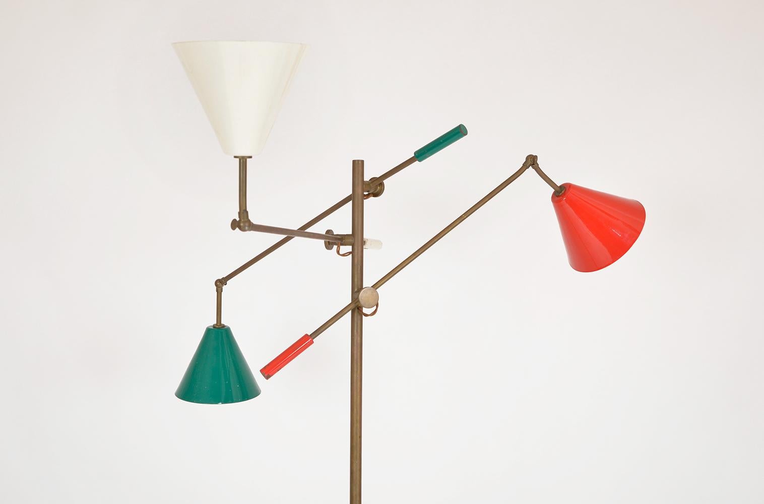 Midcentury Modern Italian Three-Arm Articulated Standard Floor Lamp Brass Enamel 1