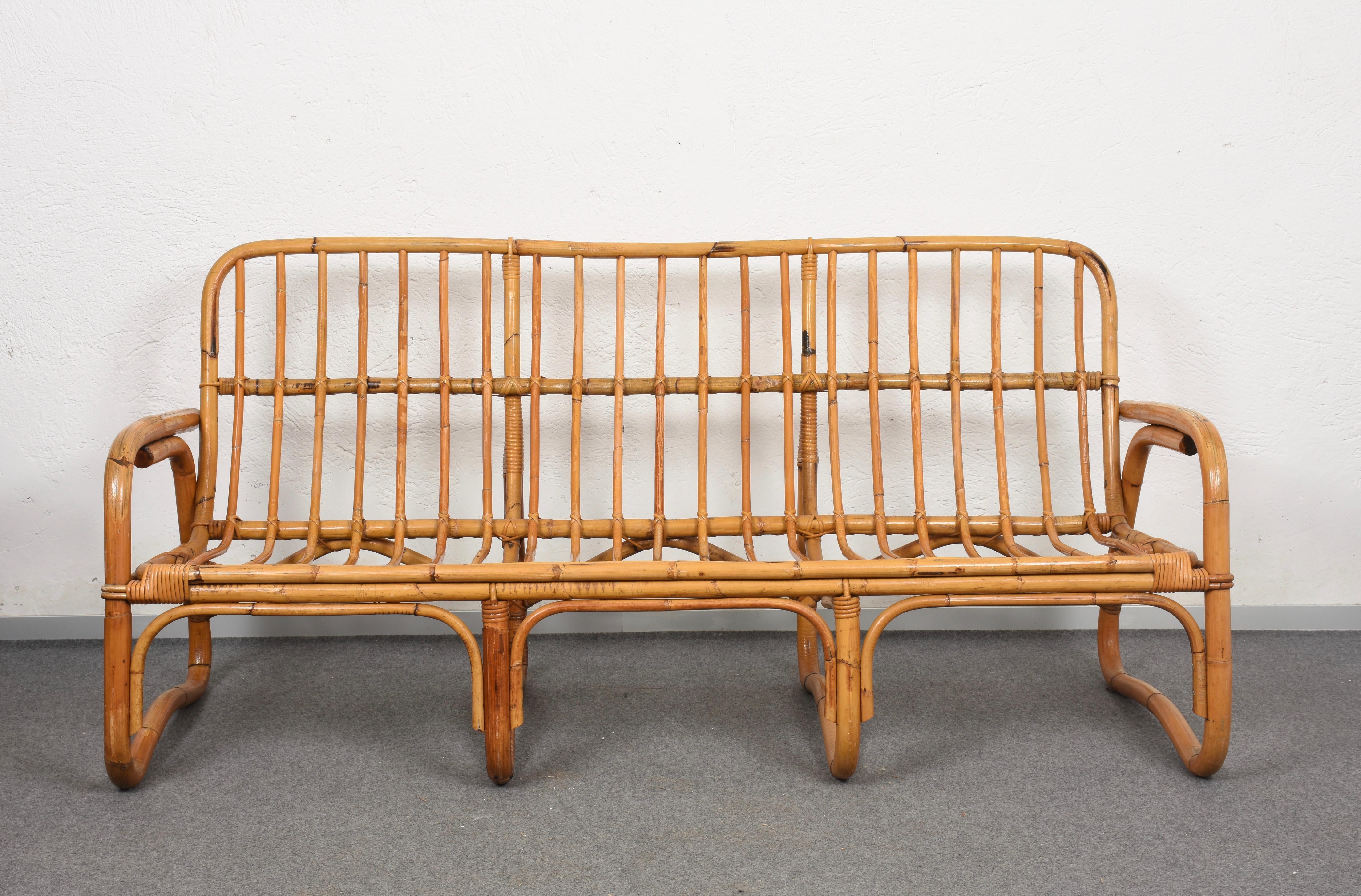 Mid-Century Modern Italian Three-Seat Rattan and Bamboo Sofa, 1960s 7