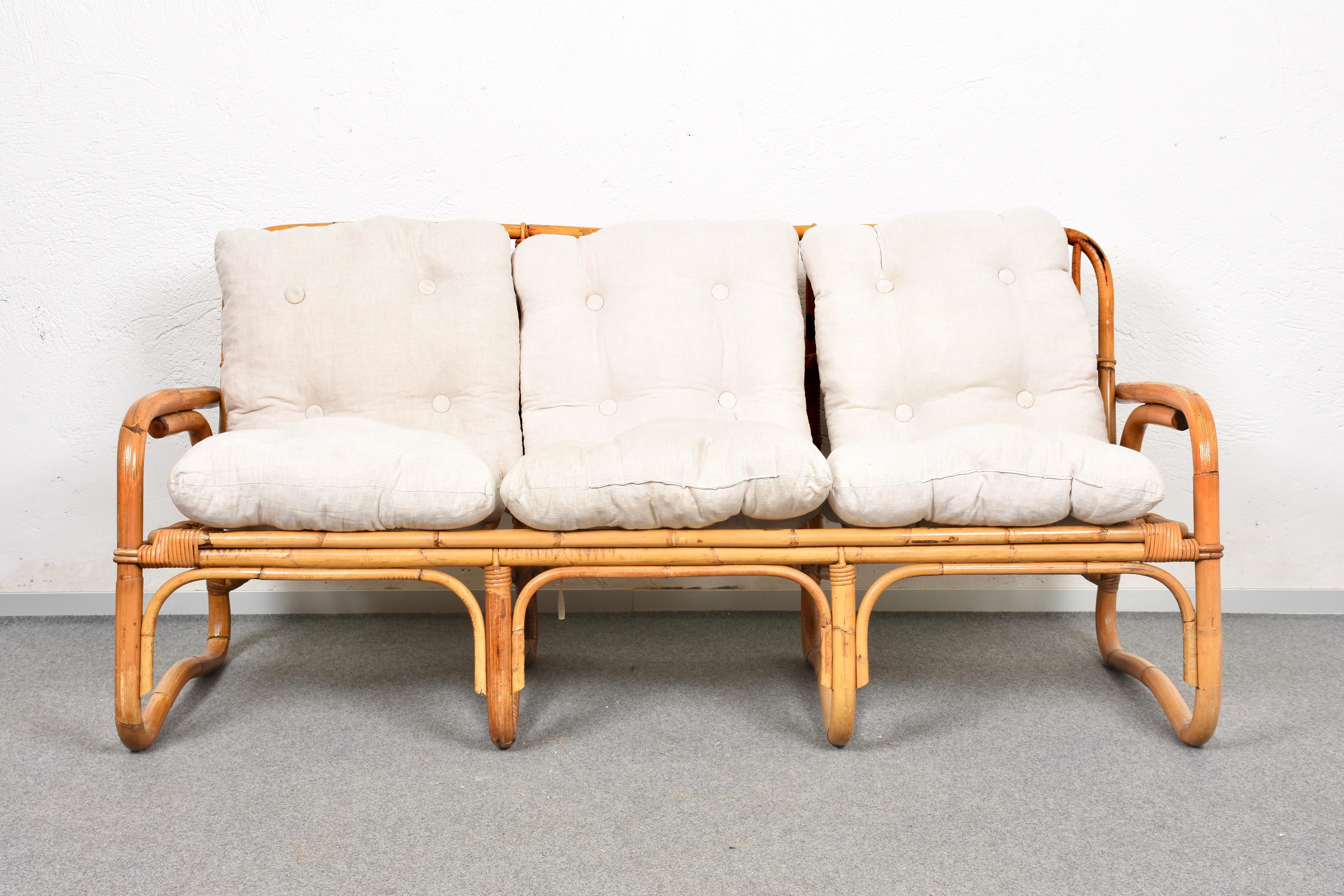 Mid-Century Modern Italian Three-Seat Rattan and Bamboo Sofa, 1960s 9