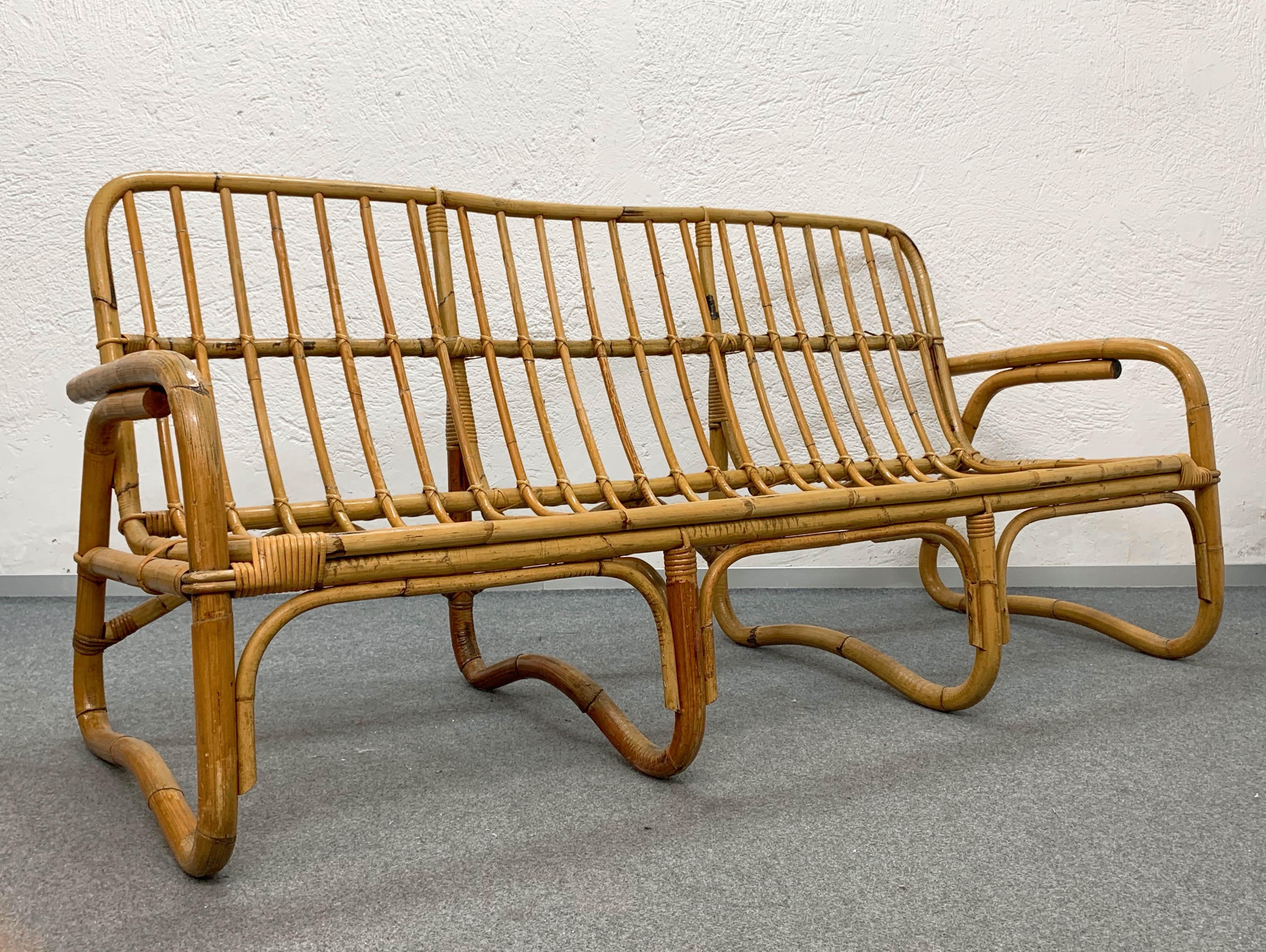 Mid-Century Modern Italian Three-Seat Rattan and Bamboo Sofa, 1960s 11