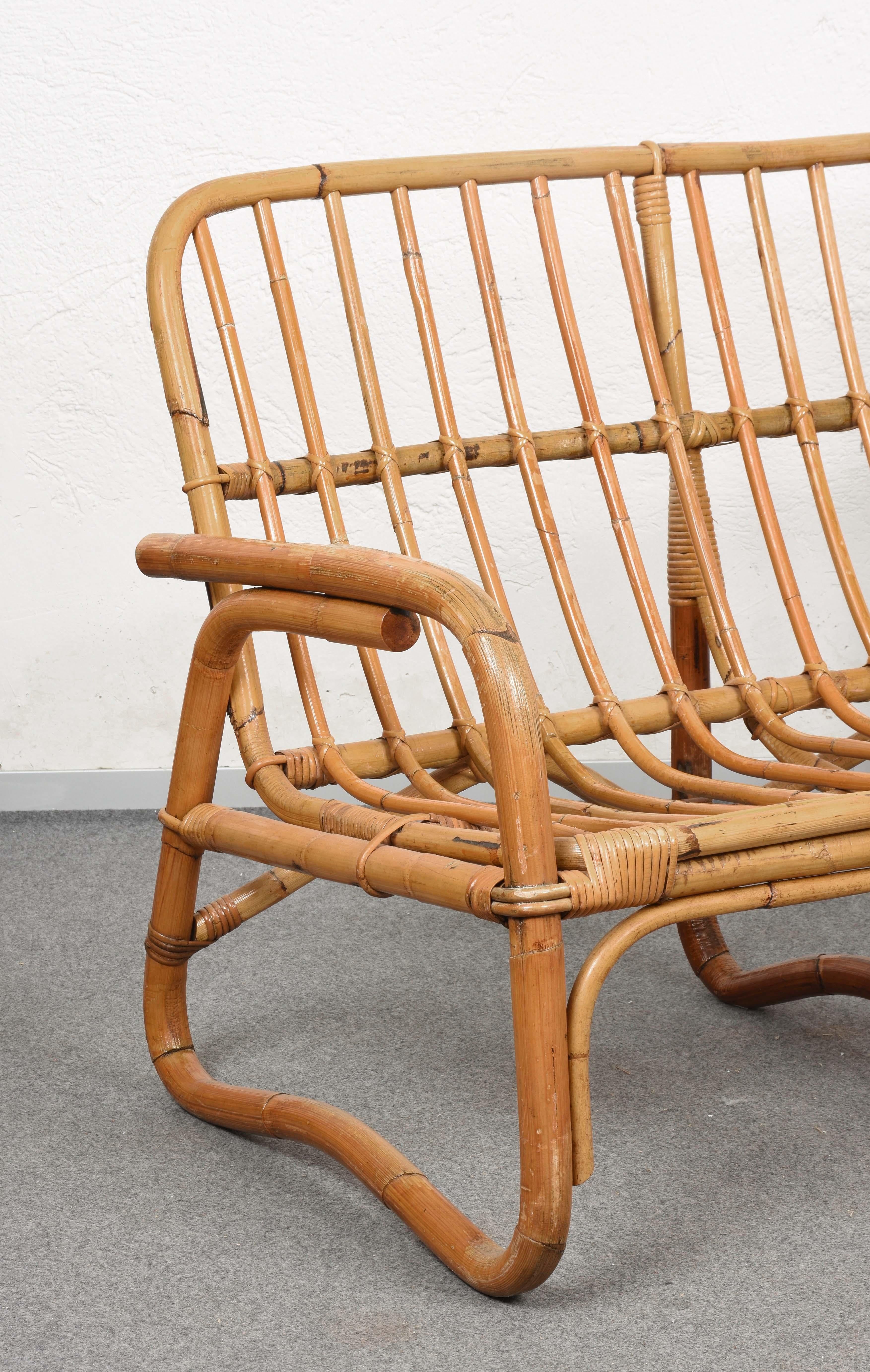 Mid-Century Modern Italian Three-Seat Rattan and Bamboo Sofa, 1960s 12