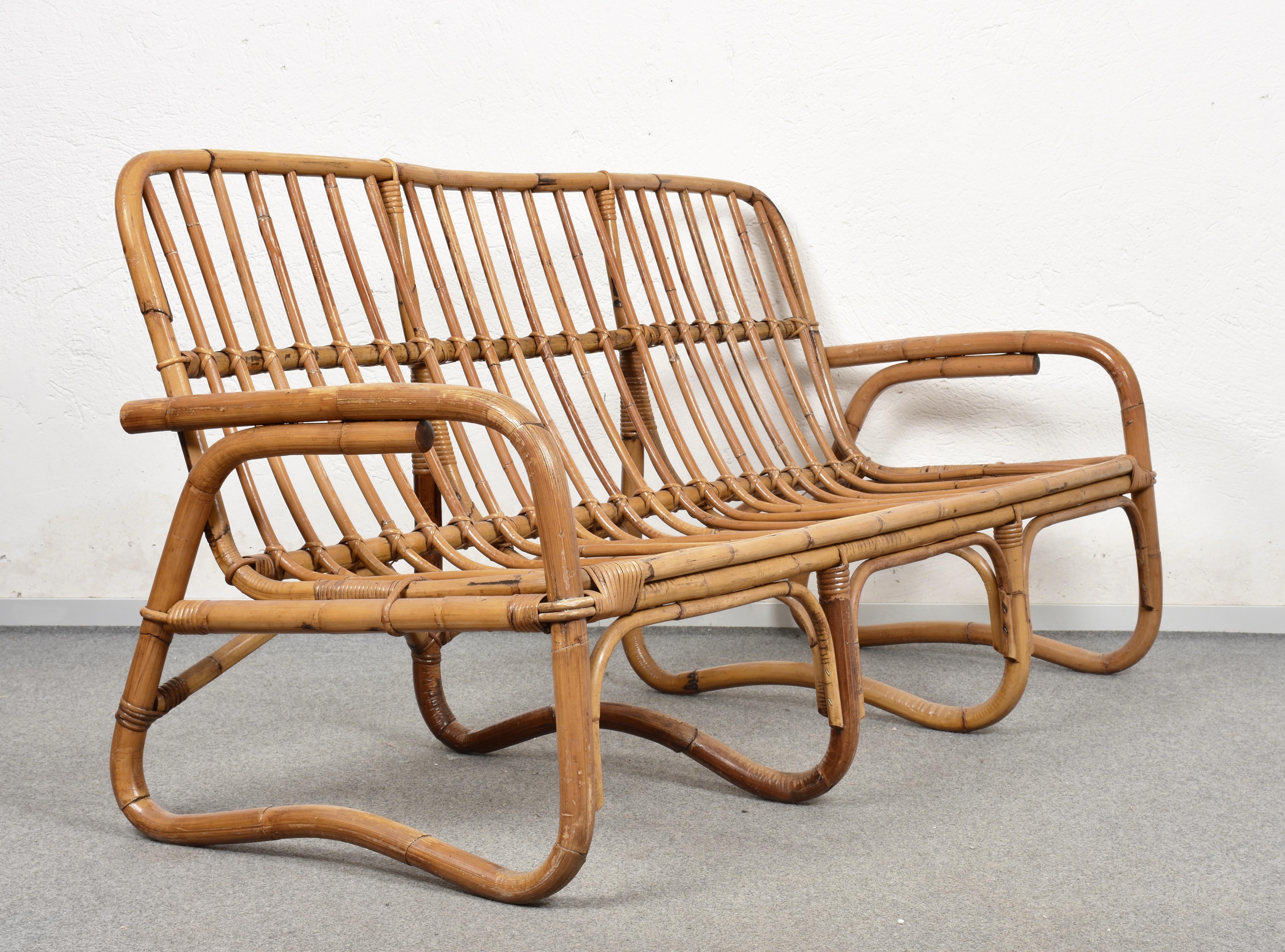 20th Century Mid-Century Modern Italian Three-Seat Rattan and Bamboo Sofa, 1960s
