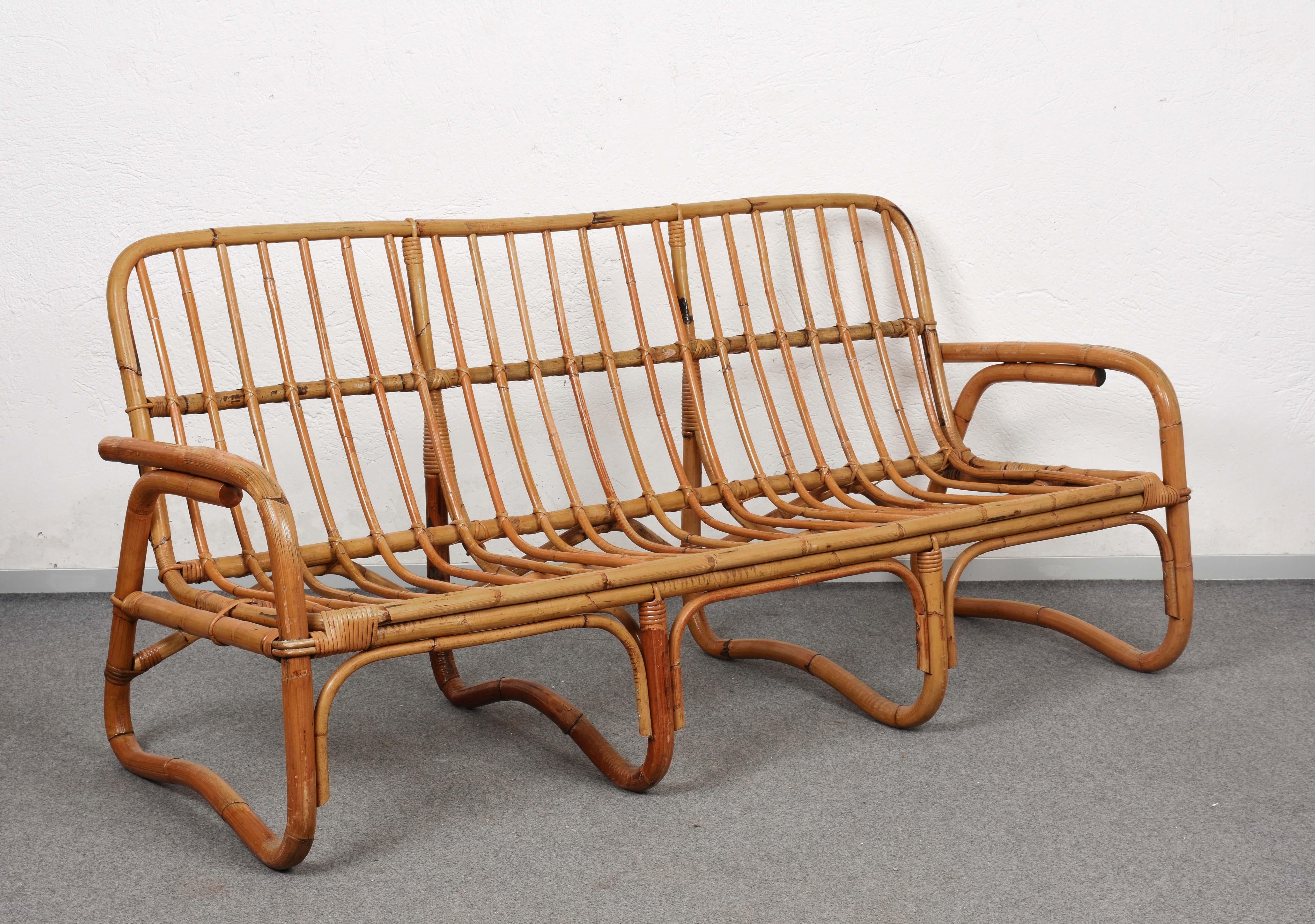 Mid-Century Modern Italian Three-Seat Rattan and Bamboo Sofa, 1960s 2