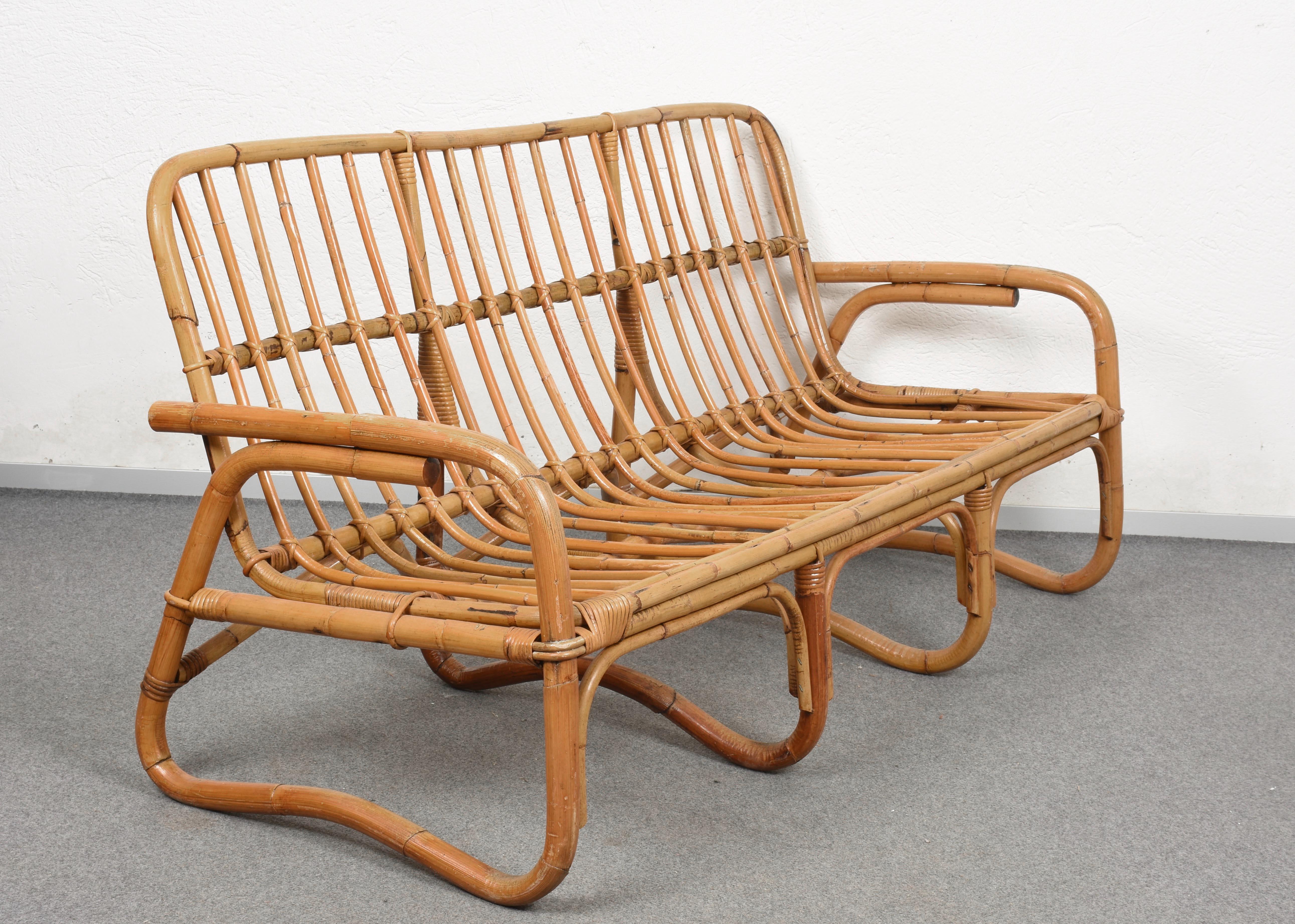 Mid-Century Modern Italian Three-Seat Rattan and Bamboo Sofa, 1960s 5