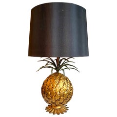 Antique Mid-Century Modern Italian Tole Gilt Metal Pineapple Lamp, Hollywood Regency